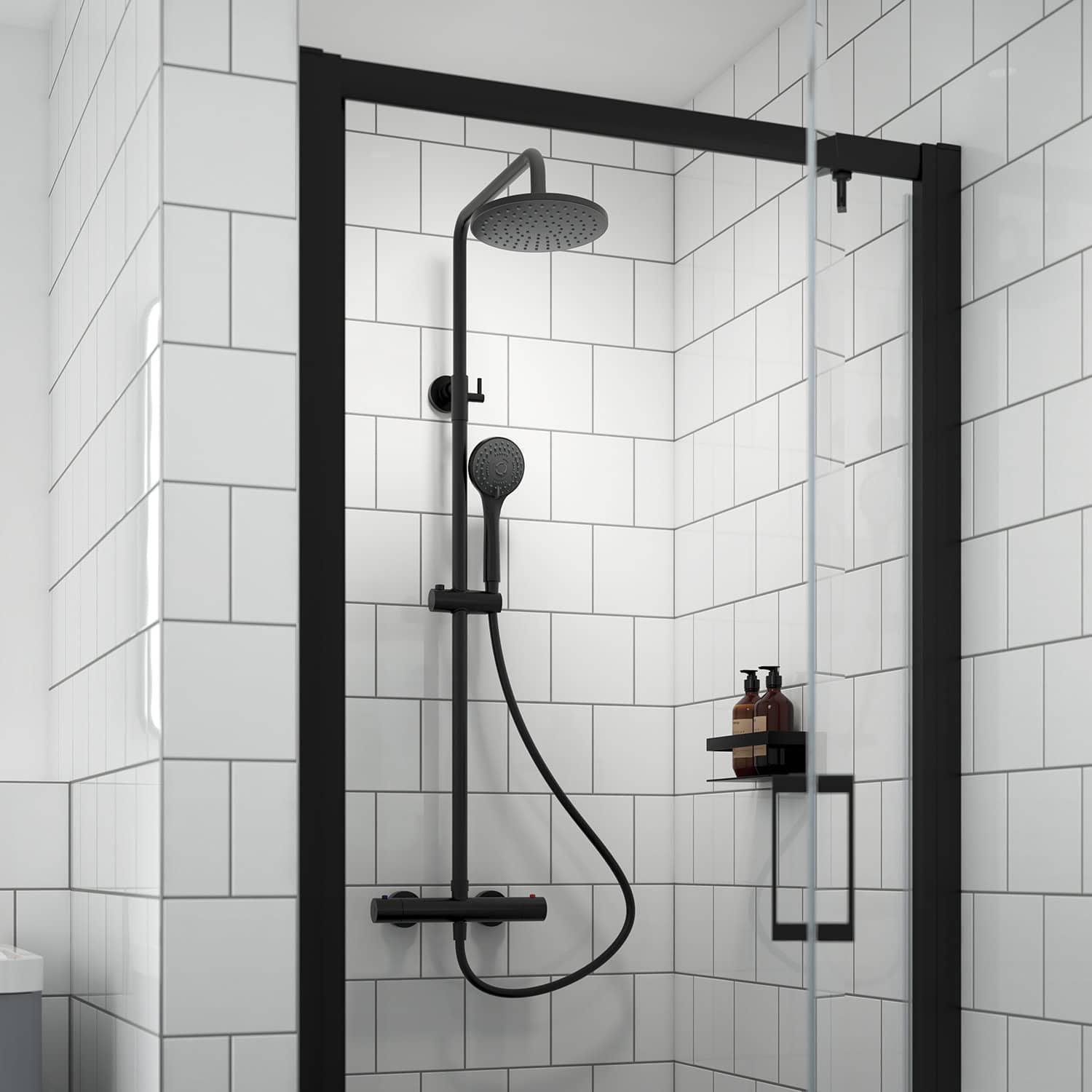 Modern black rainfall shower with handheld attachment in a stylish white-tiled bathroom shower enclosure.