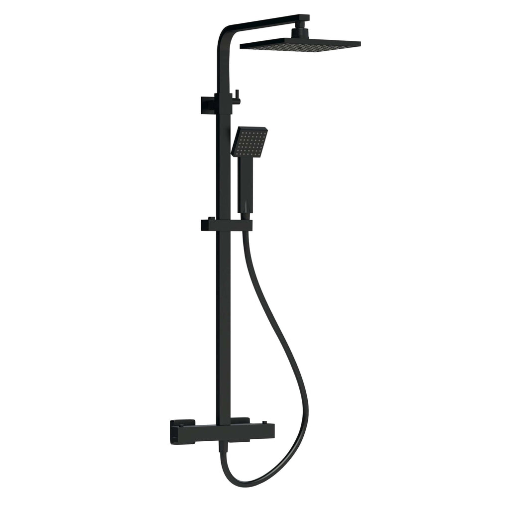 Sleek black shower panel with rainfall showerhead, adjustable hand shower, and modern design for stylish bathrooms. Perfect for luxurious and functional shower setups.