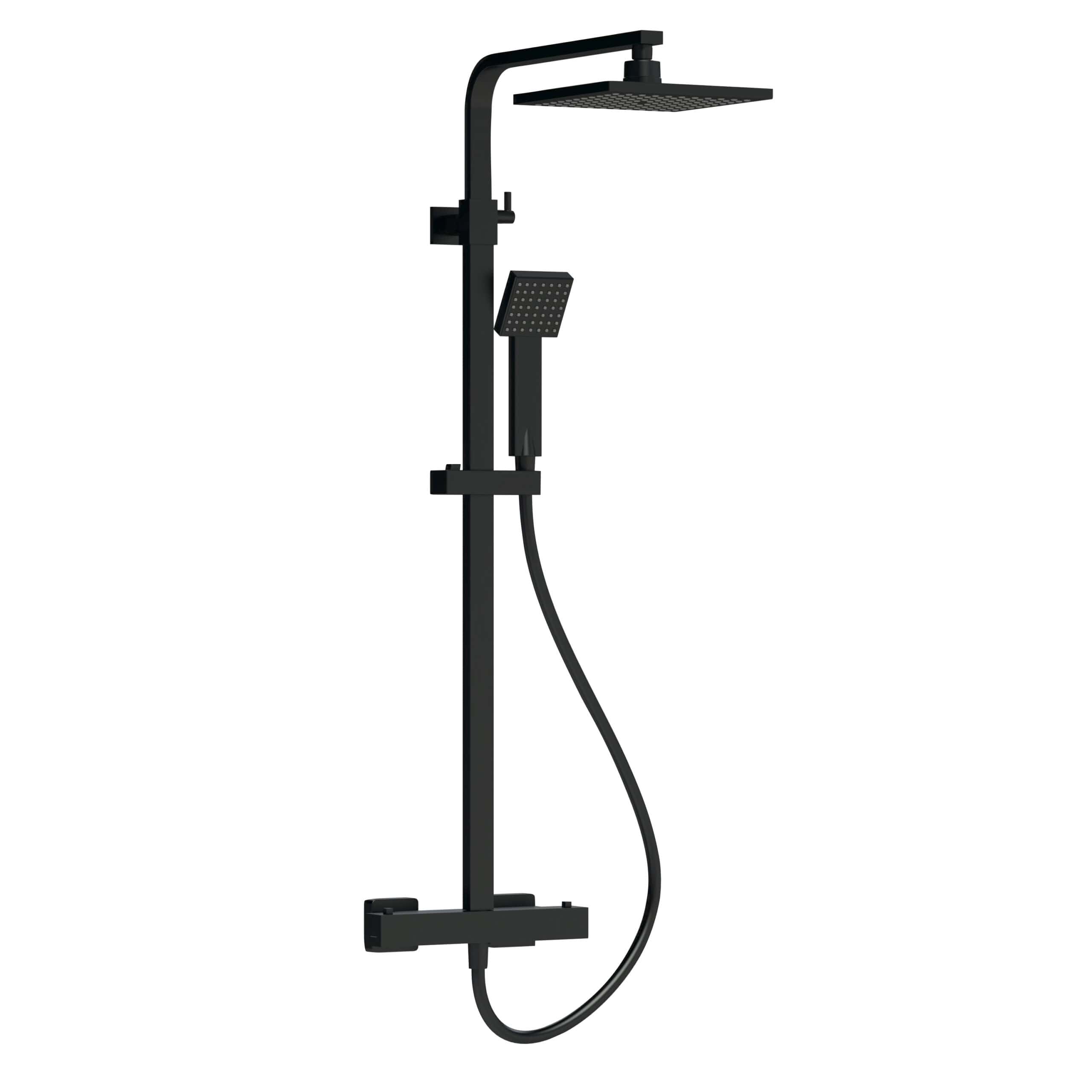 Sleek black shower panel with rainfall showerhead, adjustable hand shower, and modern design for stylish bathrooms. Perfect for luxurious and functional shower setups.