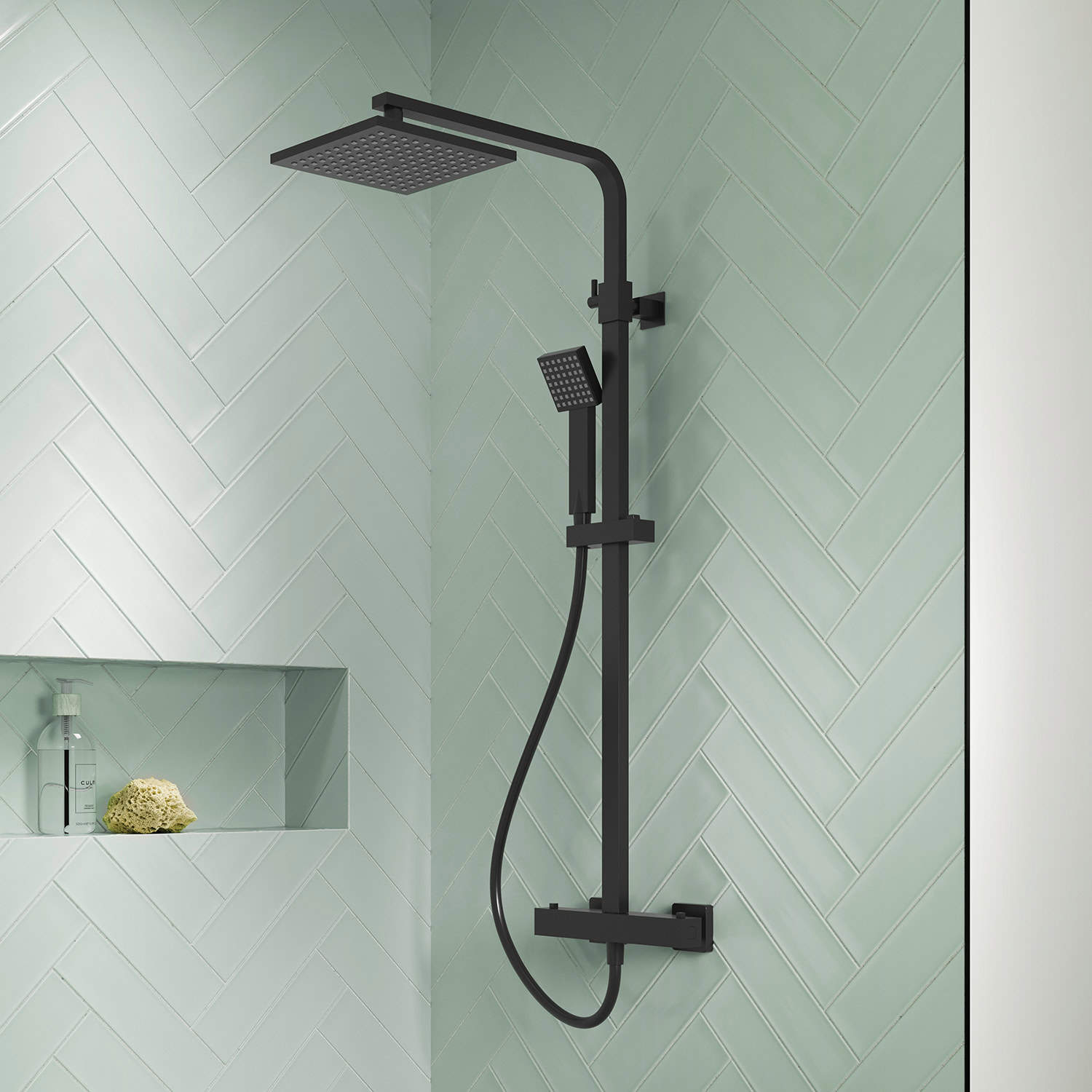 Modern black shower system with rainfall and handheld shower heads in a contemporary bathroom.