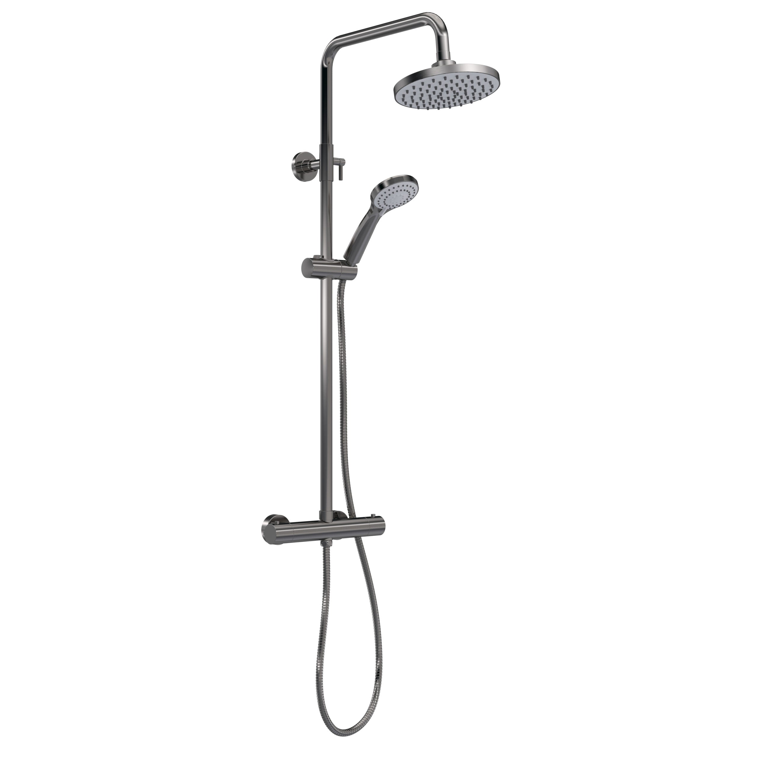 Shower system with overhead and handheld components, chrome finish, wall-mounted bathroom fixture, ideal for modern bathrooms, Flexi shower hose included.