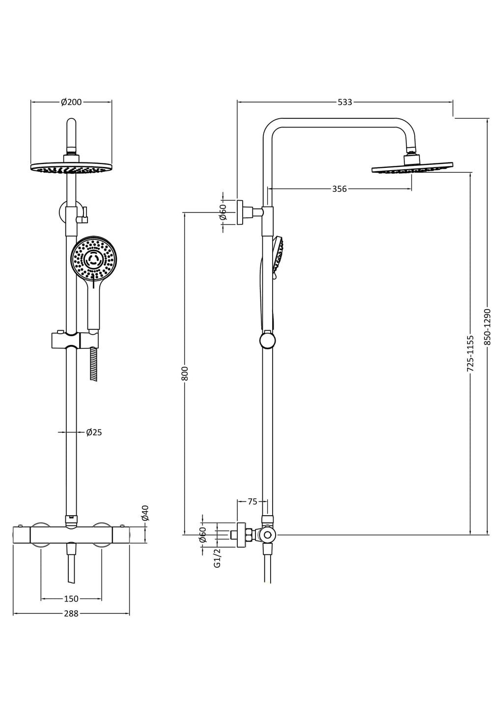 High-quality shower setup with adjustable overhead and handheld shower heads, suitable for modern bathrooms. Features durable materials and precise dimensions for customised bathroom retrofit ideas.