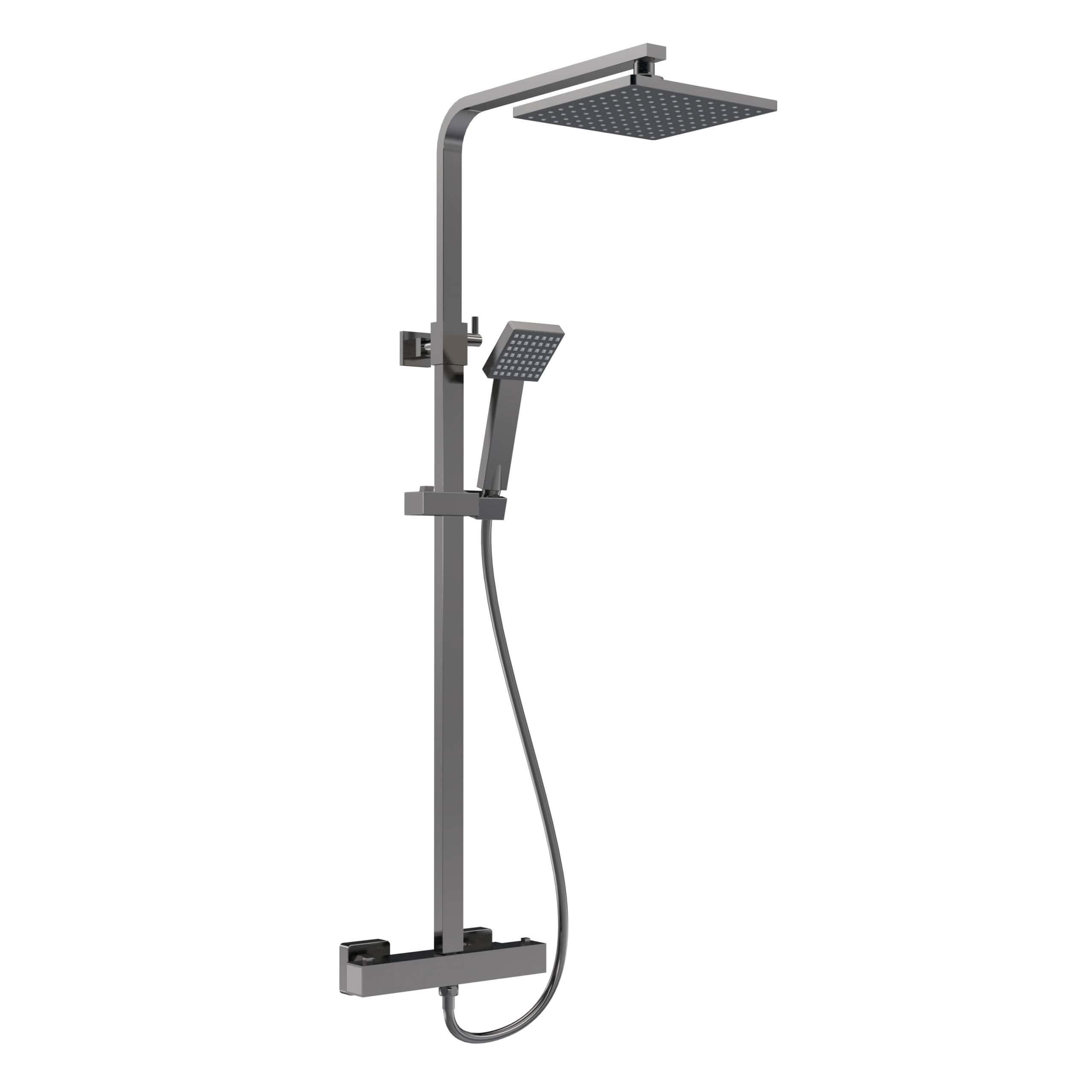 Sleek modern shower system with overhead rain shower and handheld showerhead, perfect for contemporary bathroom designs and luxurious shower experiences.
