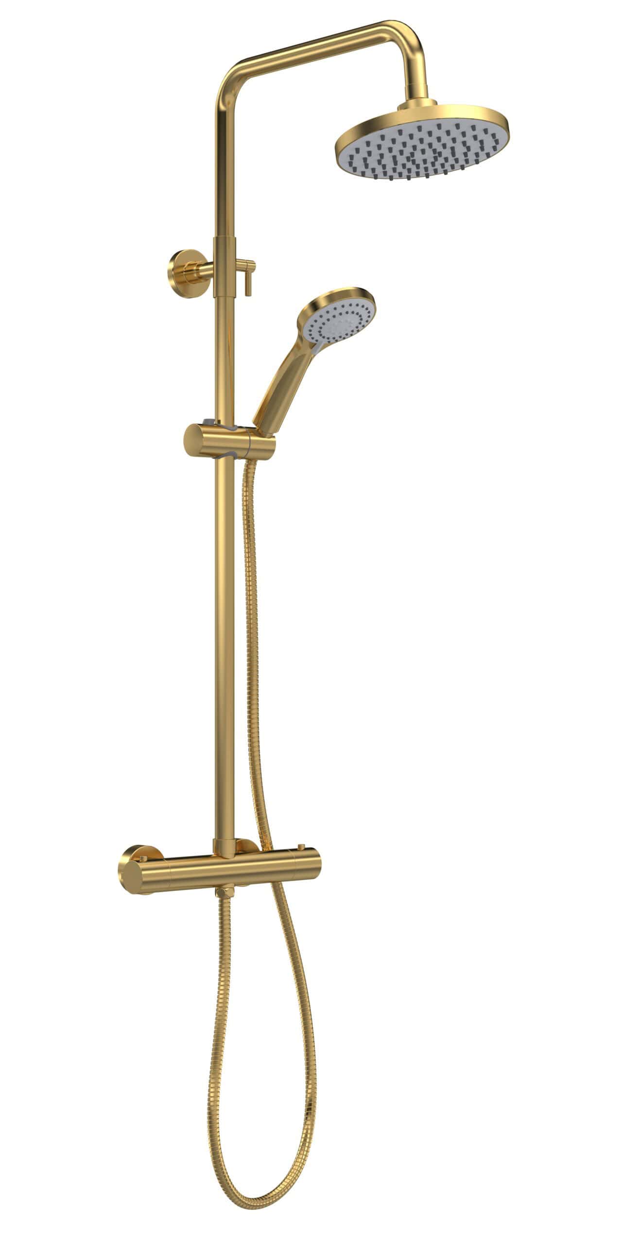 Polished gold full-body shower system with dual shower heads, handheld sprayer, and adjustable controls, ideal for luxury bathroom renovations and modern bubly bathroom designs.
