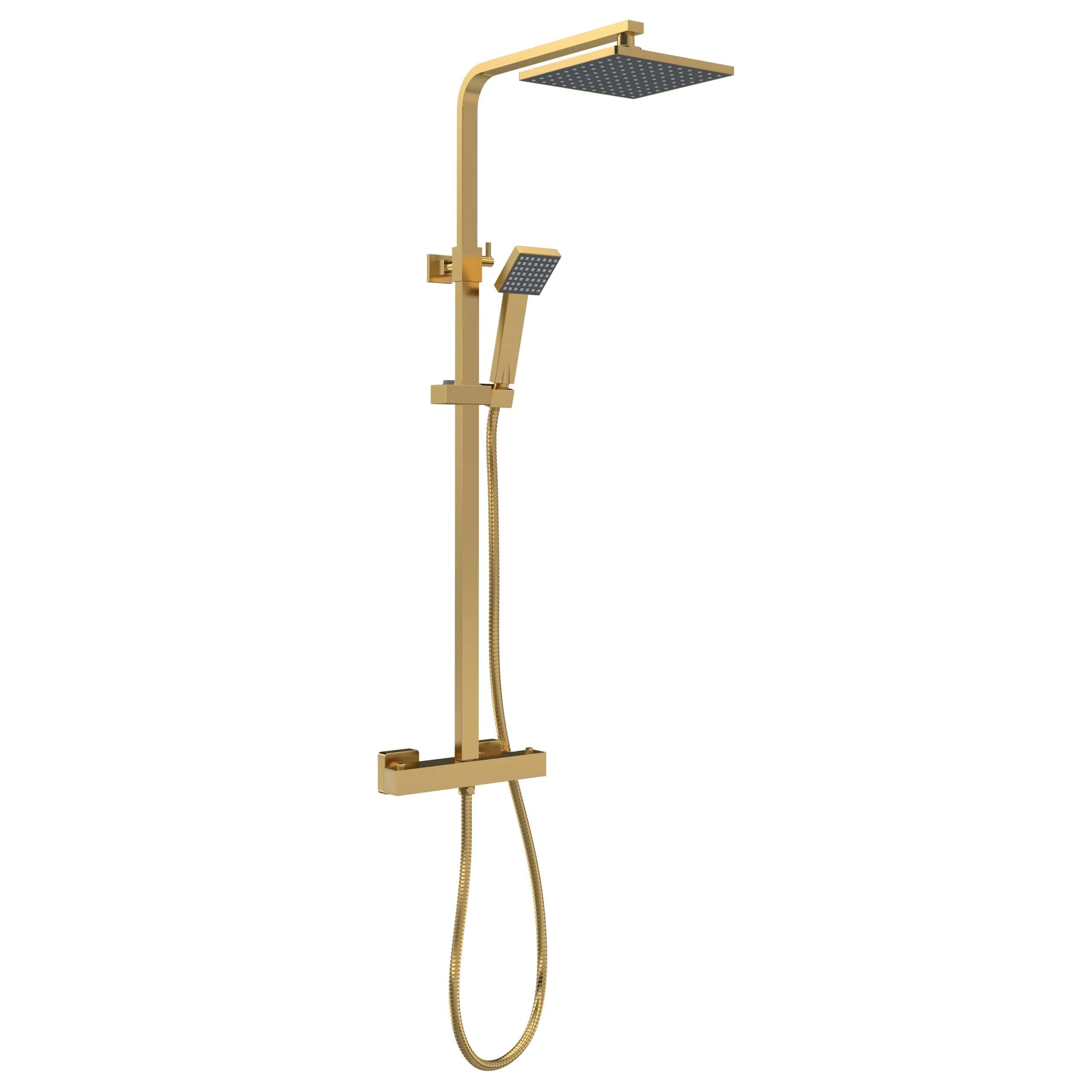 Sleek gold modern bathroom shower system with overhead rain shower and handheld shower head, ideal for luxurious and contemporary bathroom designs.