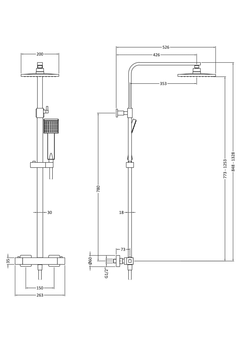 High-Resolution Shower System Diagram for Bubly Bathrooms, showcasing dimensions and technical details for premium shower setups.