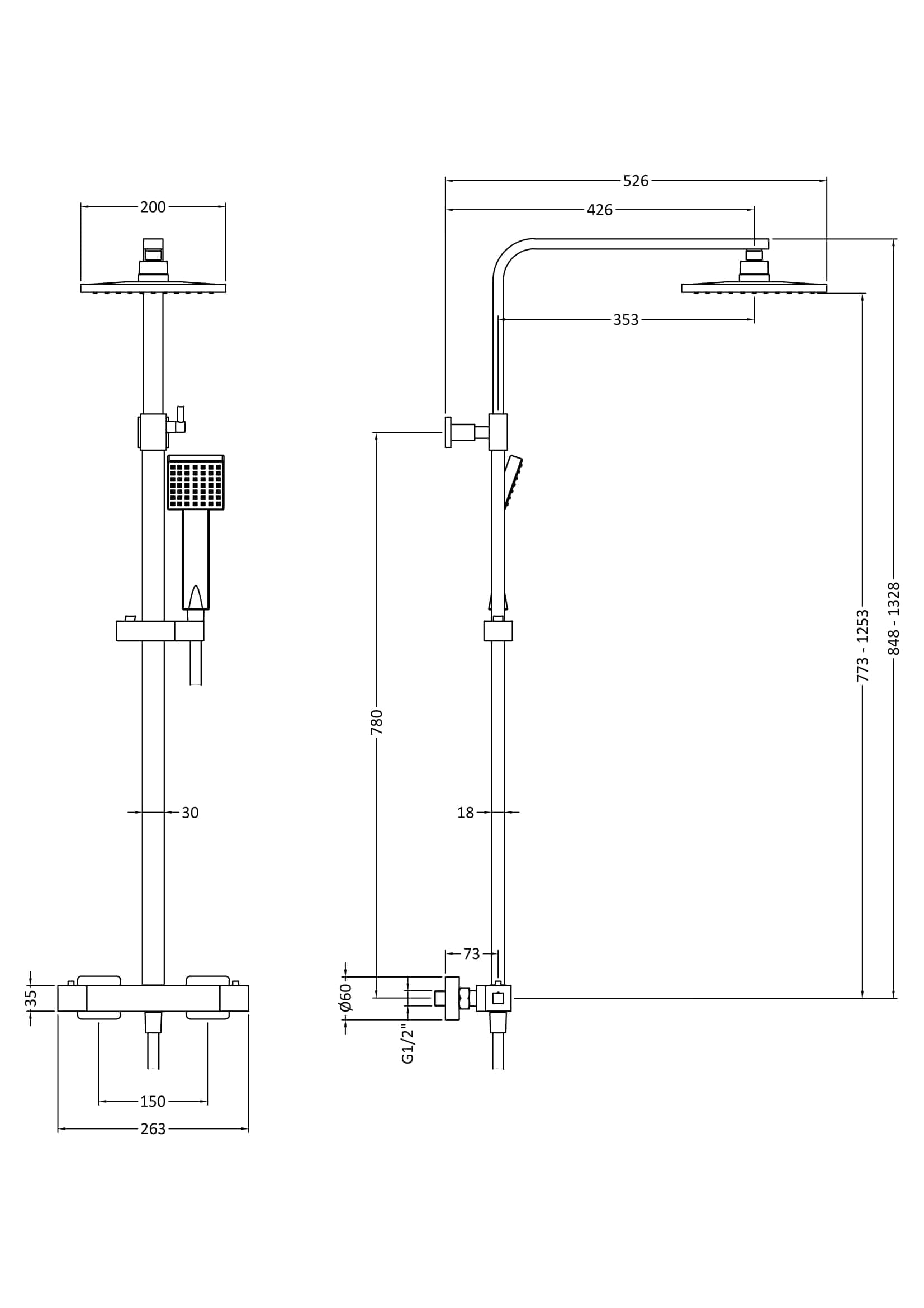 High-Resolution Shower System Diagram for Bubly Bathrooms, showcasing dimensions and technical details for premium shower setups.