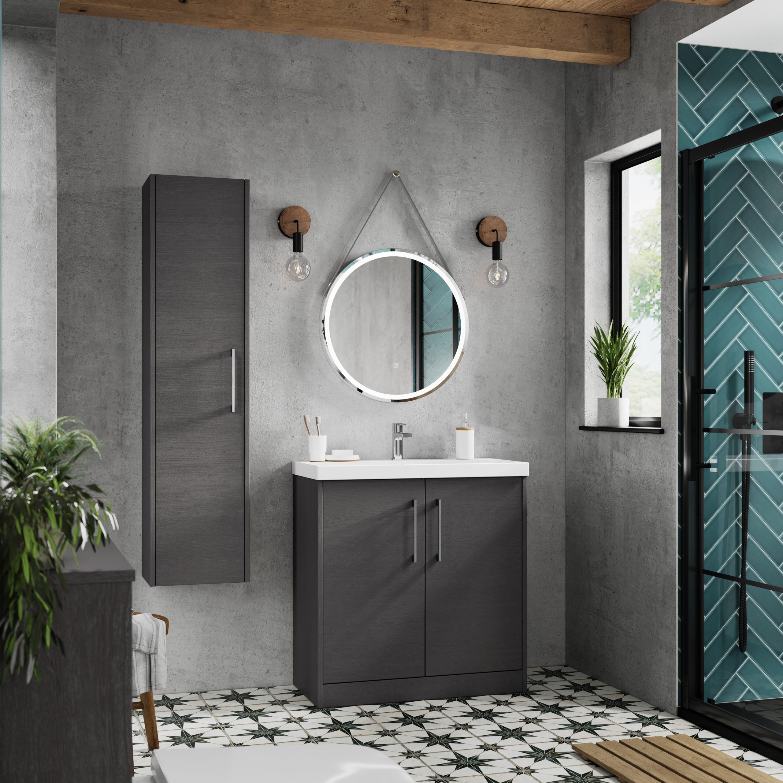 Black bathroom cabinet with mirror and modern sink, contemporary grey bathroom decor with patterned floor tiles, interior design featuring bathroom vanity, minimalistic bathroom accessories, natural light through window, stylish bathroom interior design, modern bathroom furniture, wall-mounted storage, bathroom lighting, elegant bathroom renovation.