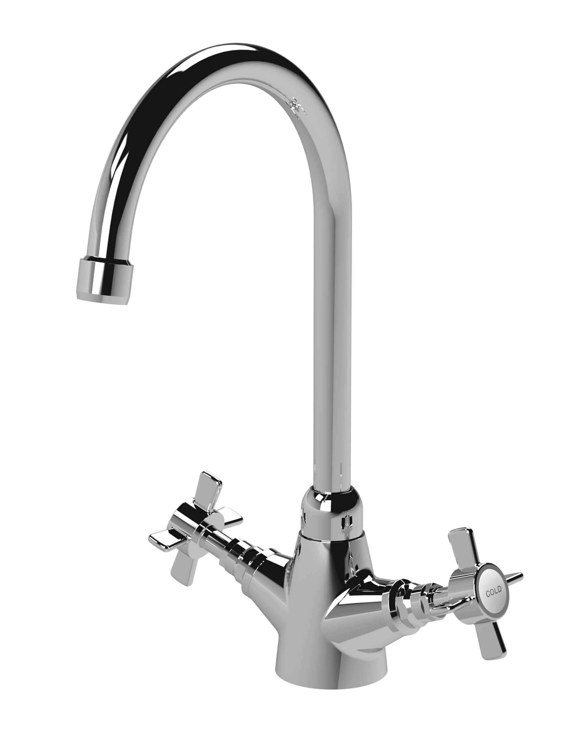 Sleek chrome kitchen or bathroom tap with dual handles, hot and cold water controls. Modern design suitable for contemporary homes, easy to install and maintain.