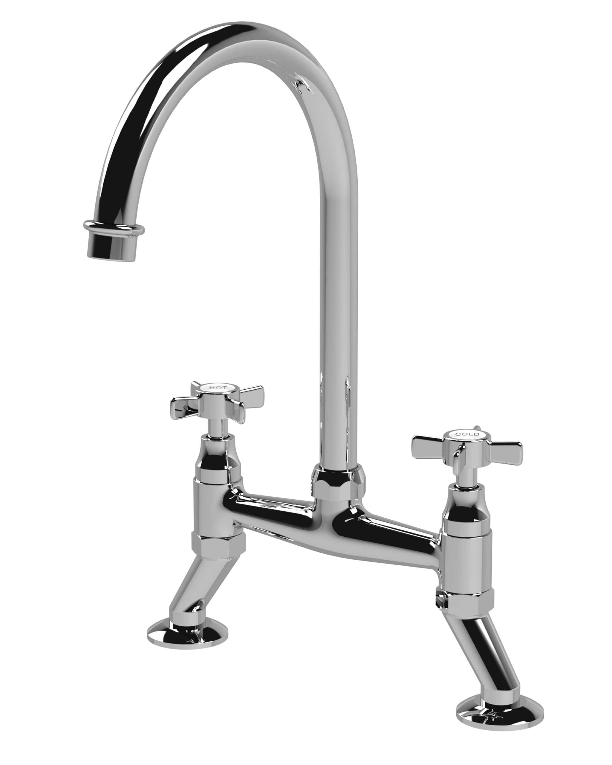 Polished chrome kitchen sink mixer tap with hot and cold handles, suitable for modern bathroom or kitchen decor. Durable and stylish design for easy water control.