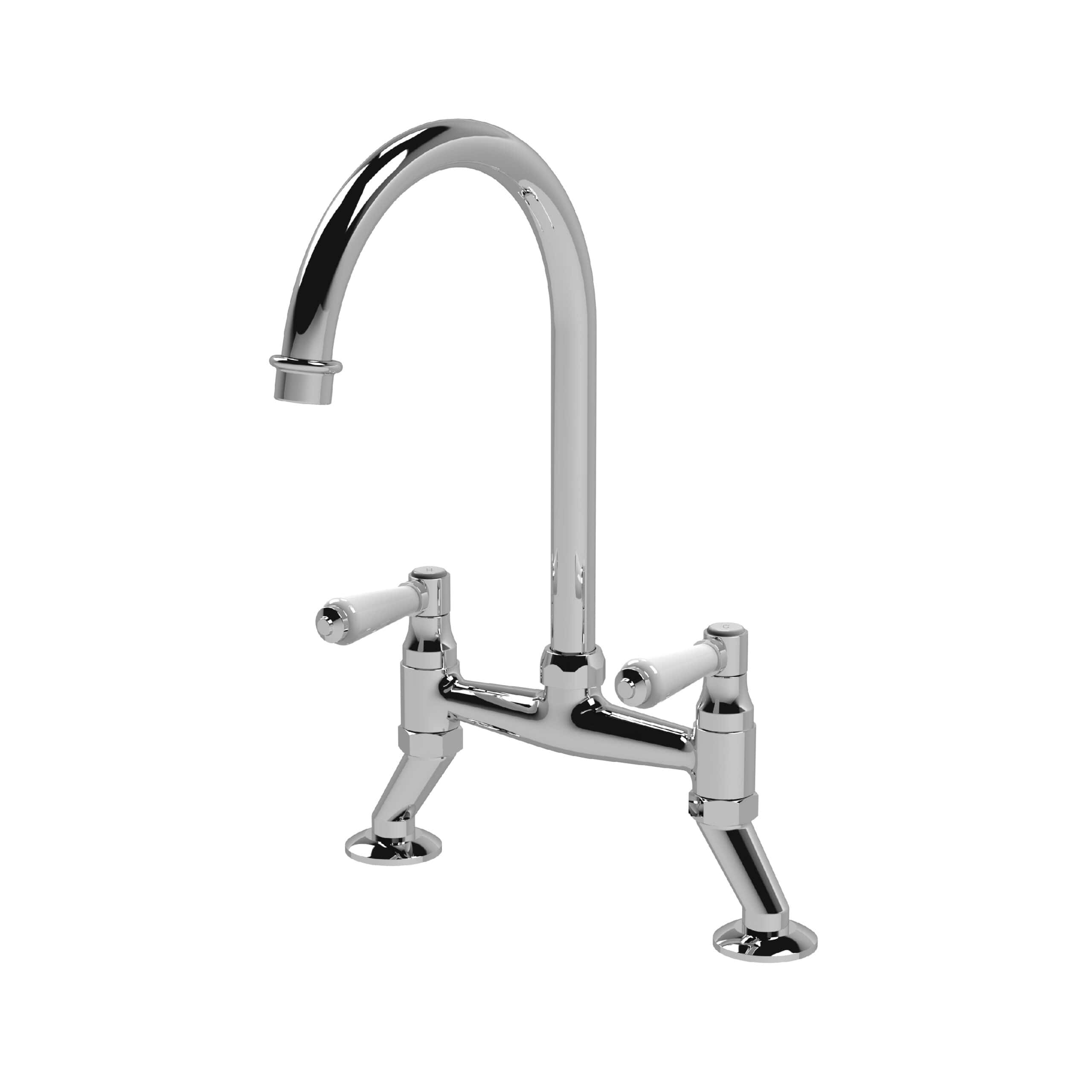 Brass kitchen sink tap with a classic design, chrome finish, and twin lever handles, ideal for bathroom or kitchen Fitting.