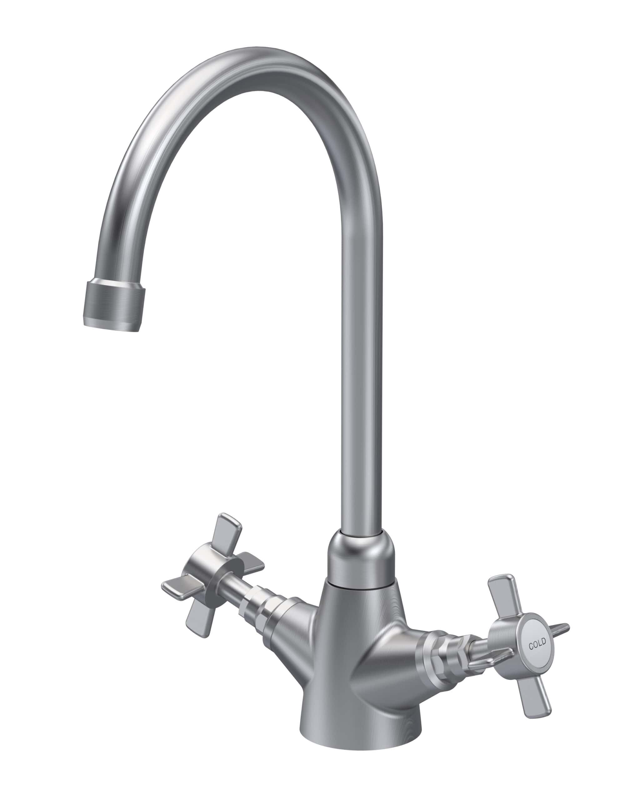 Shiny stainless steel kitchen mixer tap with dual handles for hot and cold water, ideal for modern bathroom or kitchen installations. Durable and sleek design.