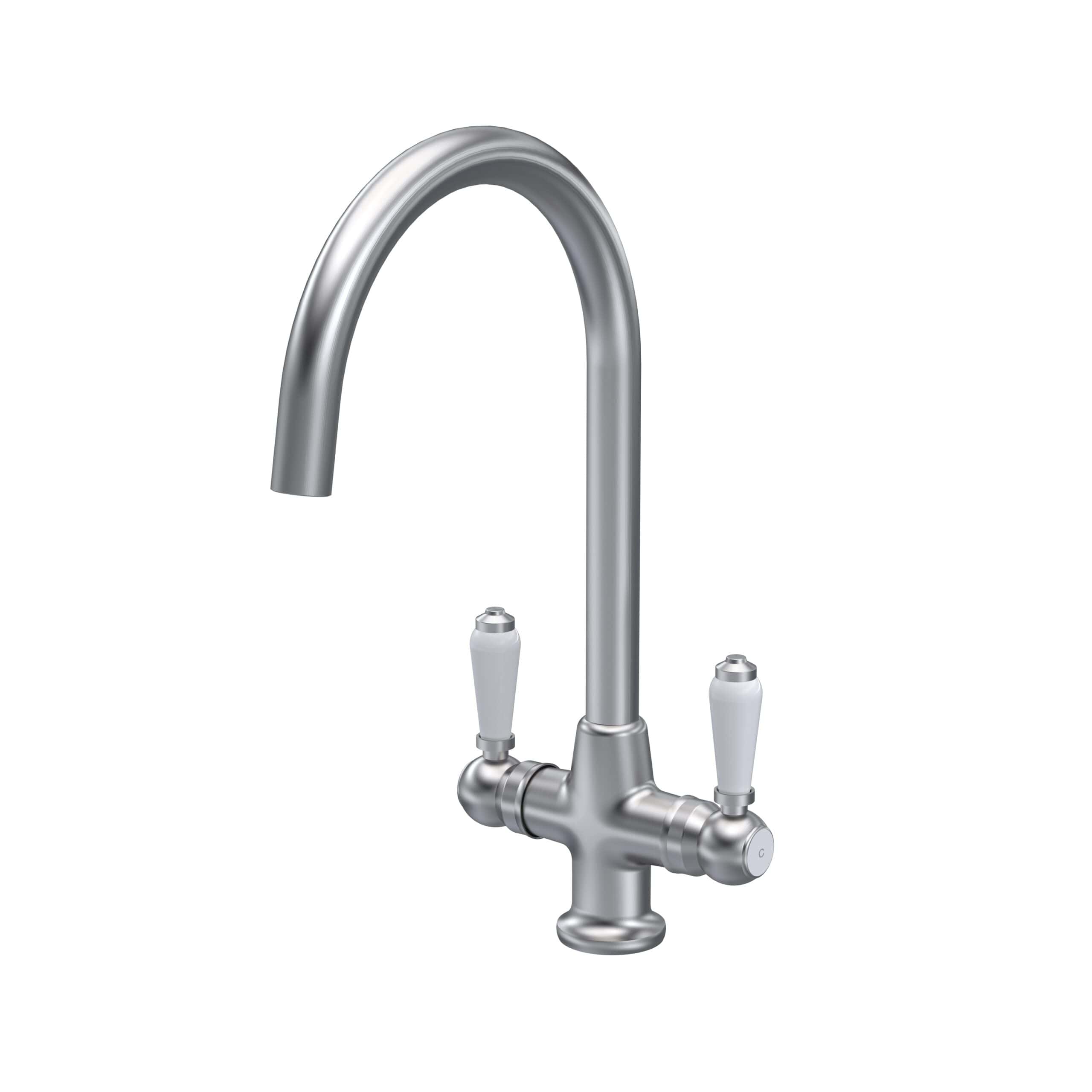 Shiny silver kitchen or bathroom sink faucet with dual handles, modern design, and high-quality finish. Handles control hot and cold water, suitable for contemporary bathroom or kitchen renovation.