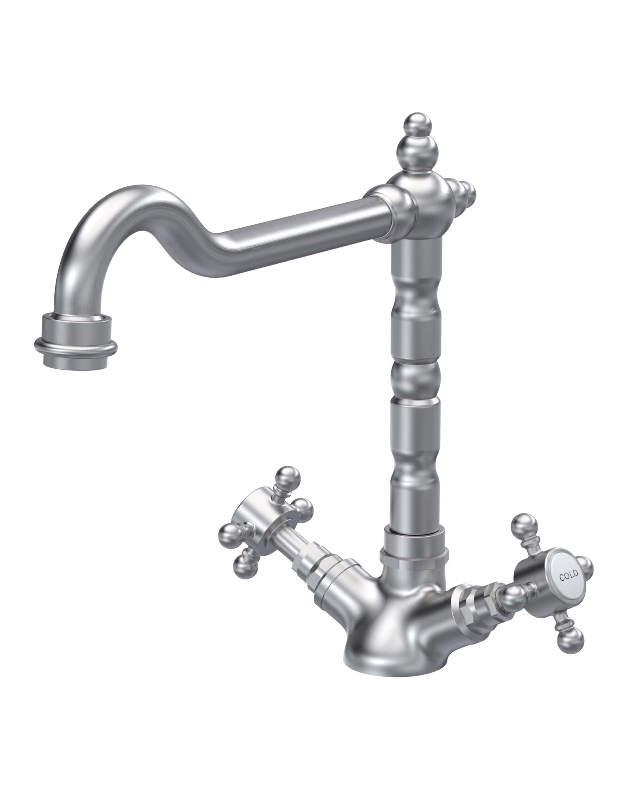 Shiny stainless steel bathroom sink tap with vintage Victorian style design, featuring cross handles and a dual-source mixer for hot and cold water.