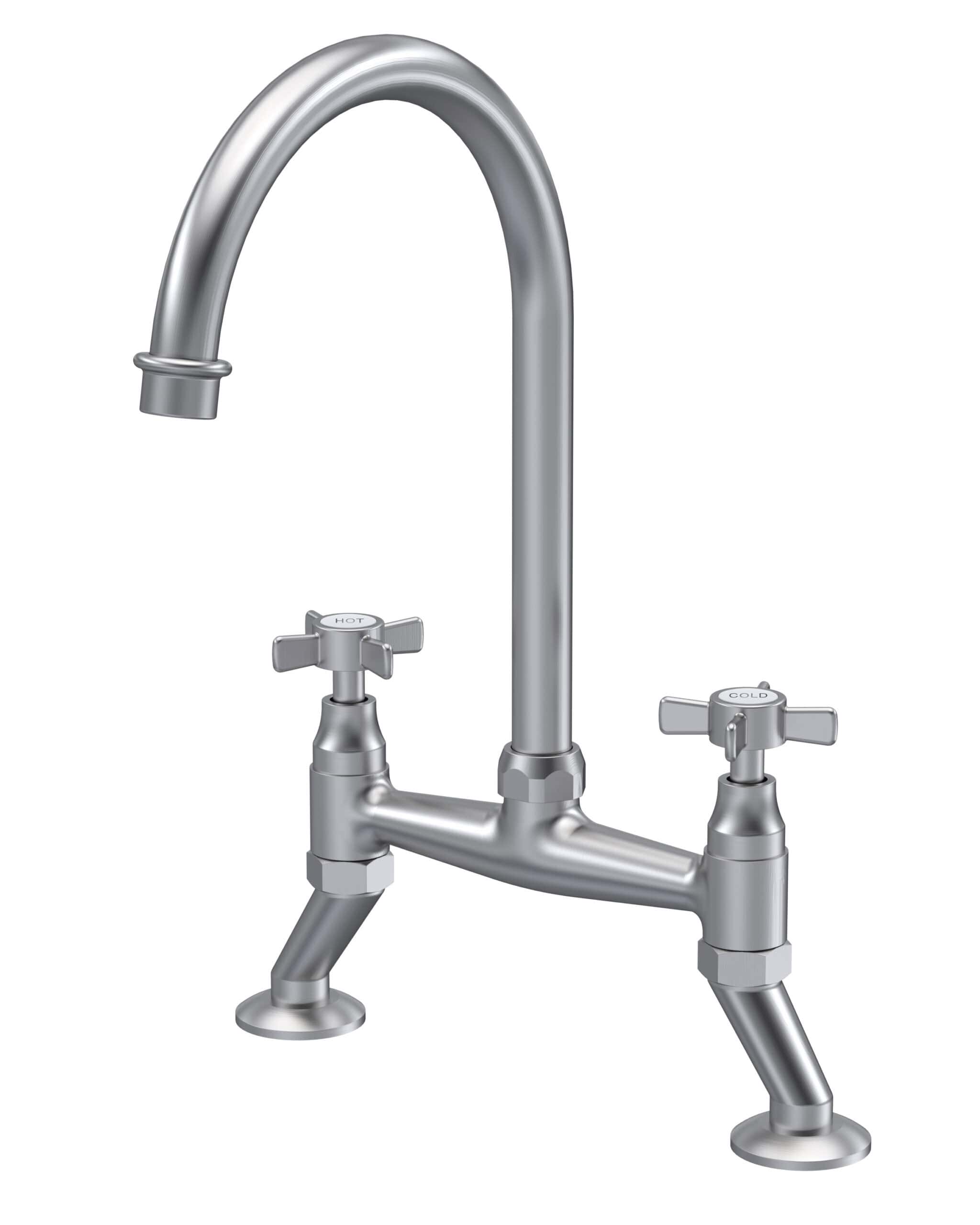 Brass kitchen sink tap with dual handles, hot and cold water, and a high-arc spout for modern bathroom and kitchen use. Suitable for replacing or installing new bathroom sink fixtures.