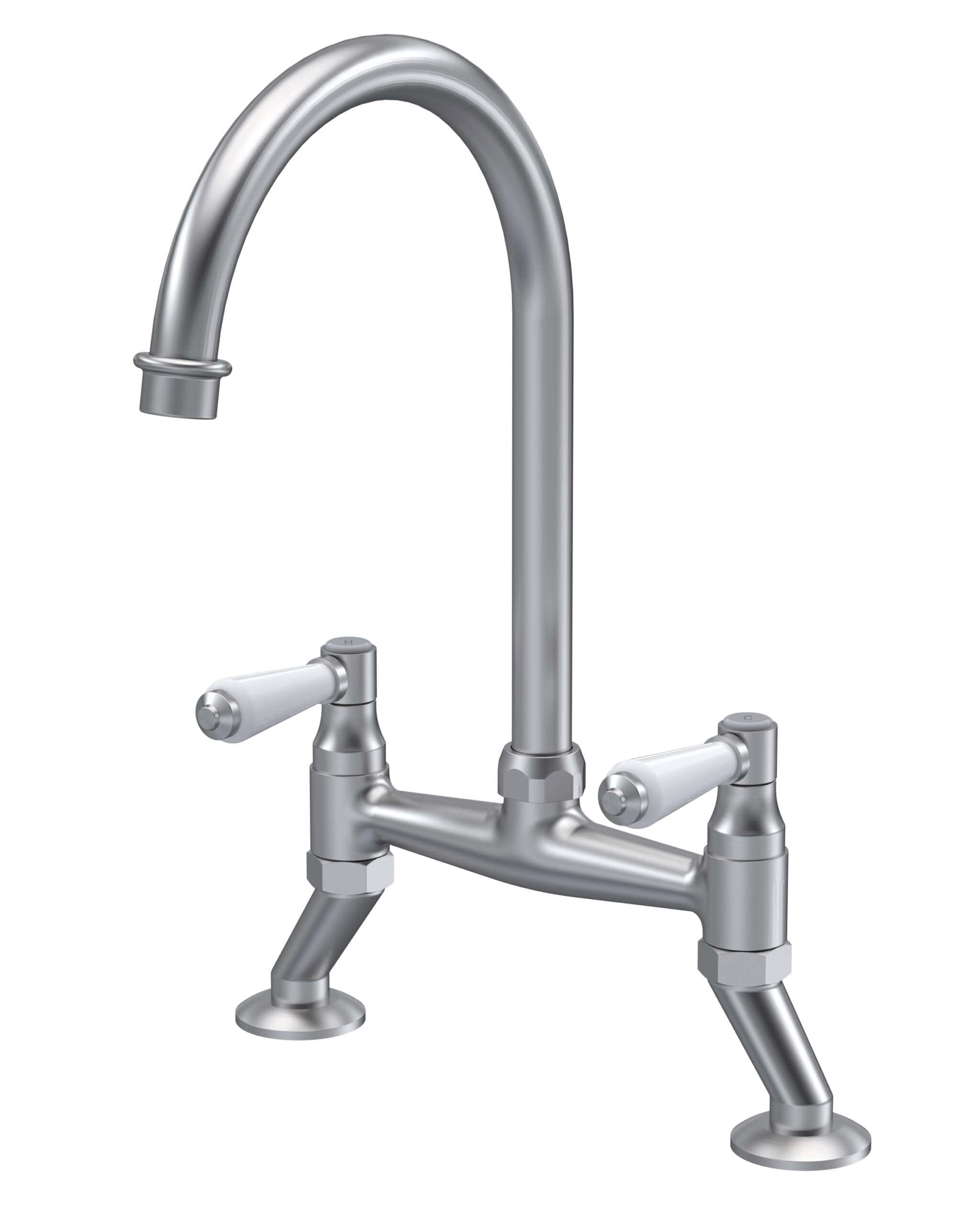 Polished stainless steel kitchen tap with doubles handles and high-arc spout, ideal for modern bathroom kitchen sinks. Perfect for contemporary bathroom and kitchen design projects.