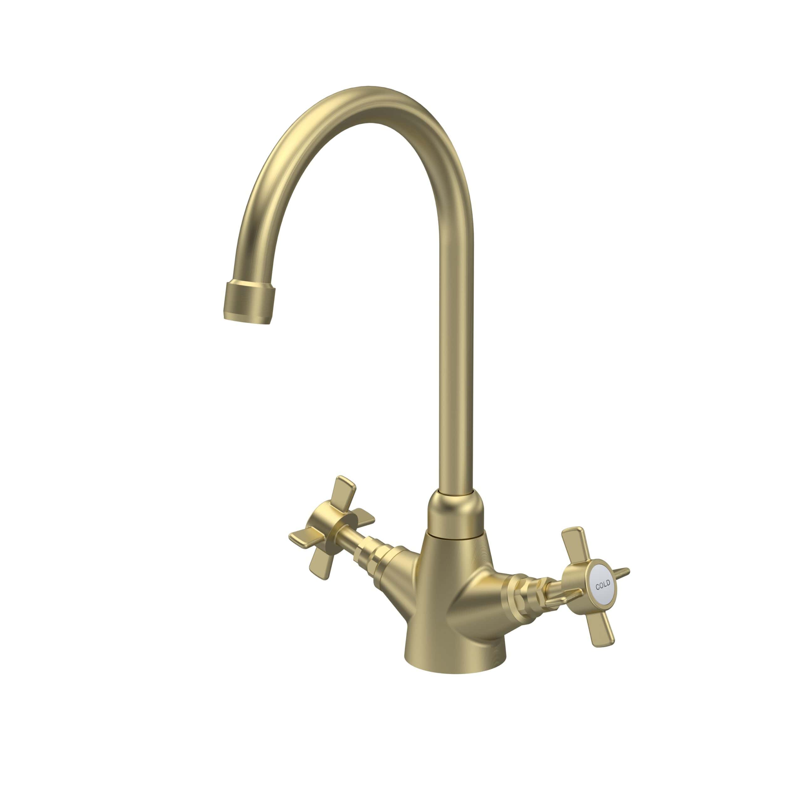 Golden kitchen sink tap with dual handles, classic design, suitable for modern and traditional bathrooms, ideal for plumbing installations.