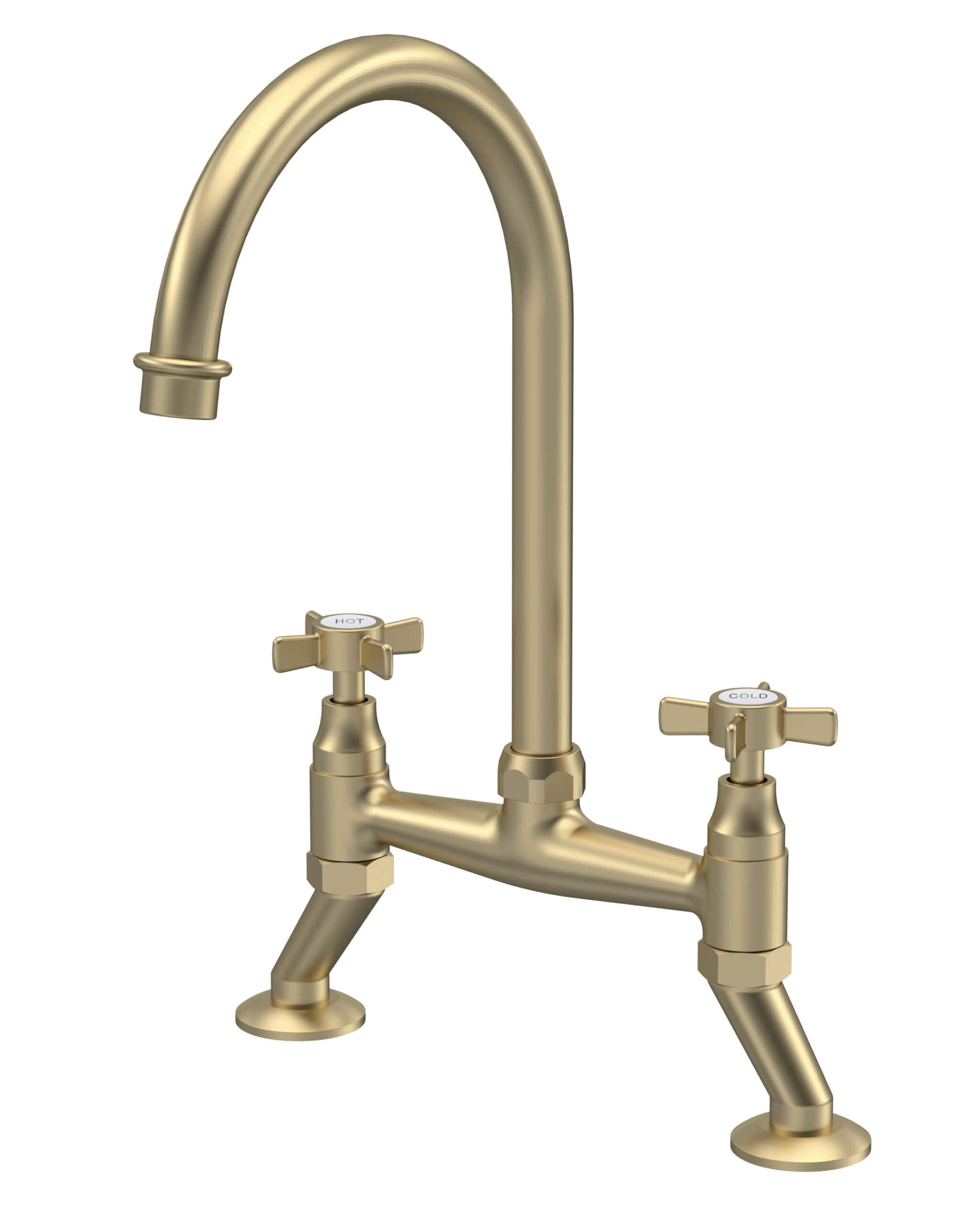 Luxurious gold kitchen tap with dual hot and cold handles, modern design, ideal for contemporary bathroom or kitchen renovations. Enhances style and functionality.