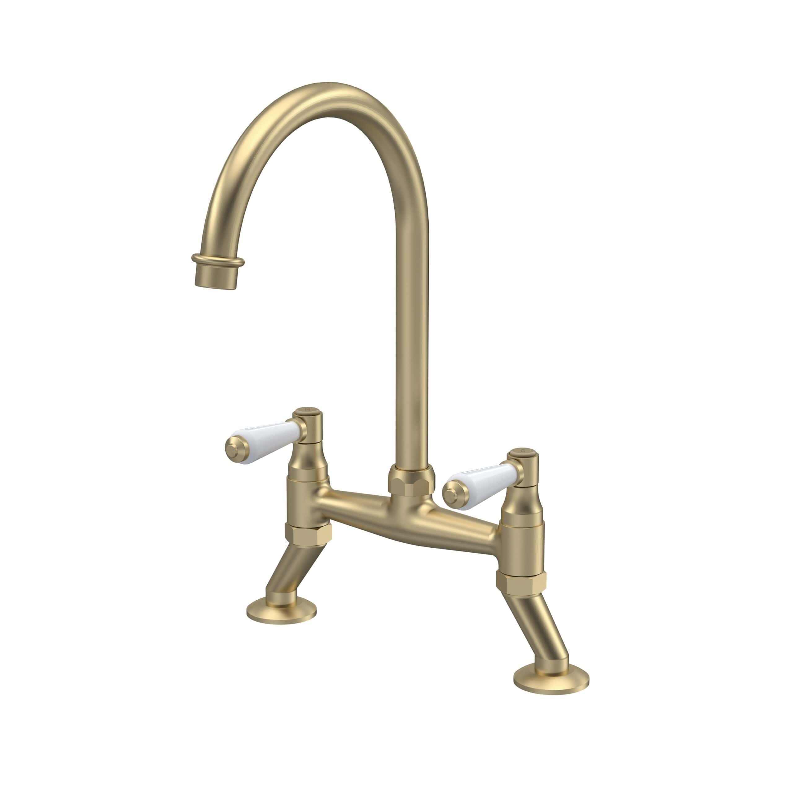 Brass kitchen tap with high arc spout and dual handles, ideal for home or commercial sinks, combining vintage style with modern durability.