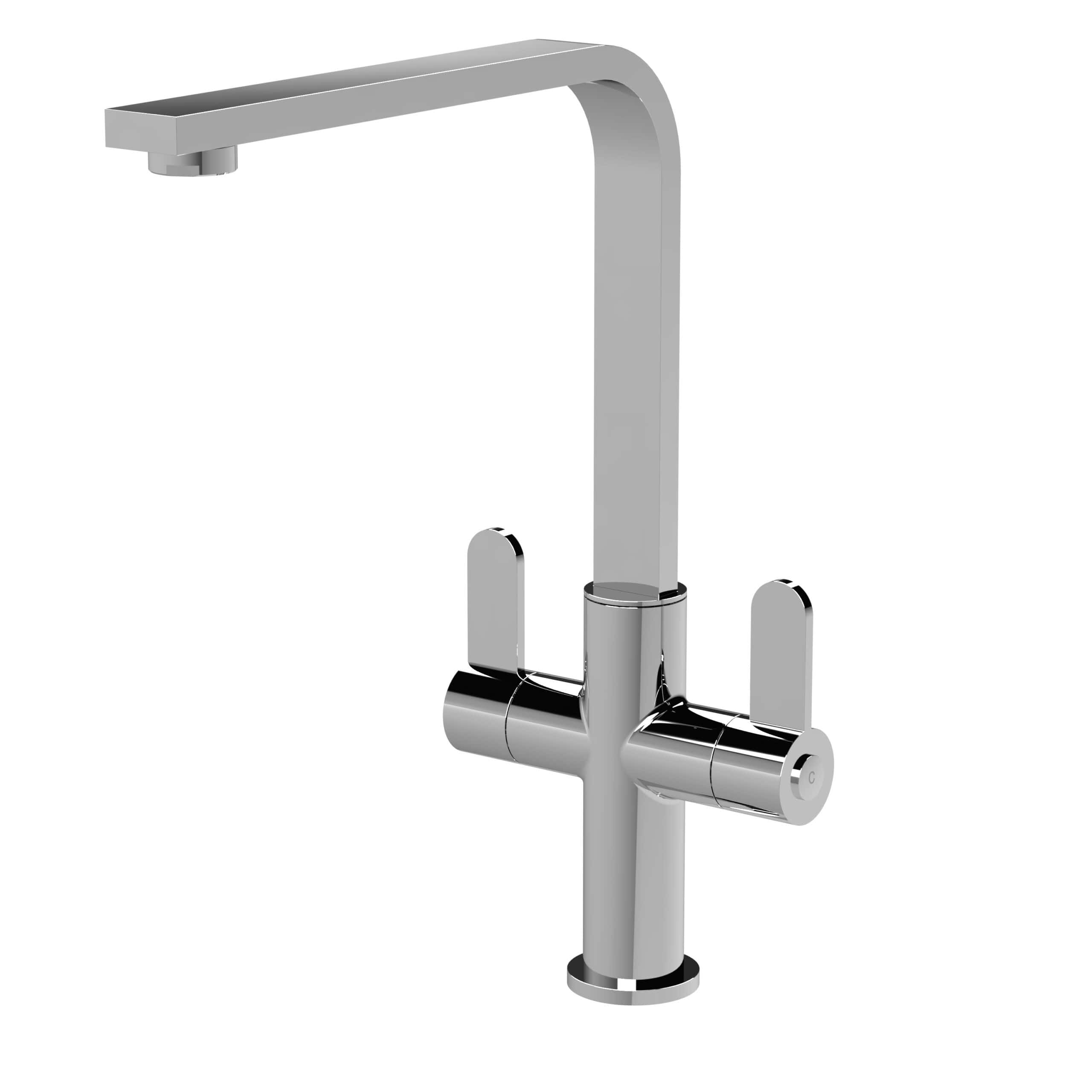 Chrome kitchen tap with high-arc spout, modern design, suitable for contemporary bathroom or kitchen renovation. Ideal for mixing hot and cold water, ensuring functionality and style.