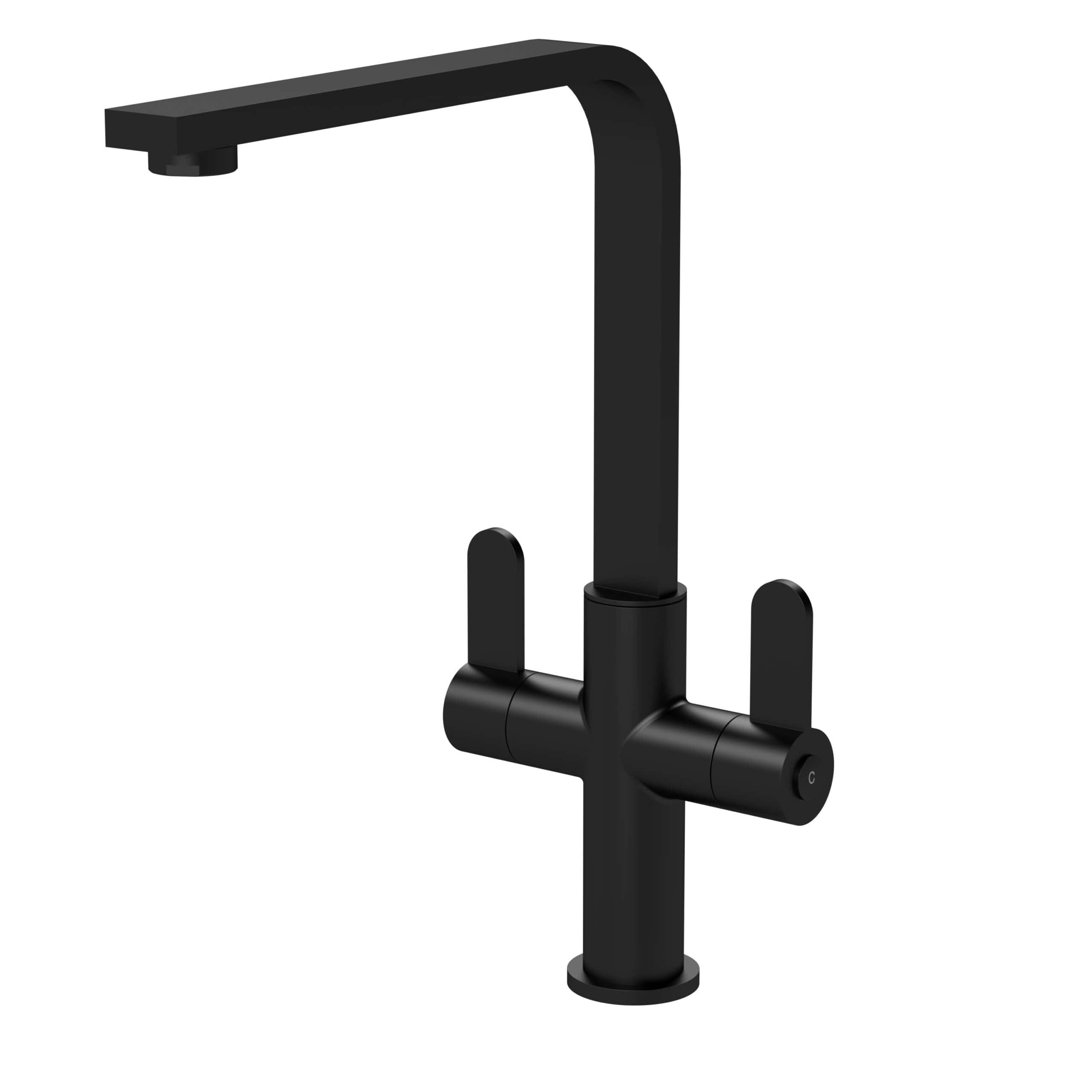 Sleek black kitchen mixer tap with modern minimalist design, ideal for contemporary bathrooms and kitchens, featuring a high-arc spout for easy filling and cleaning.