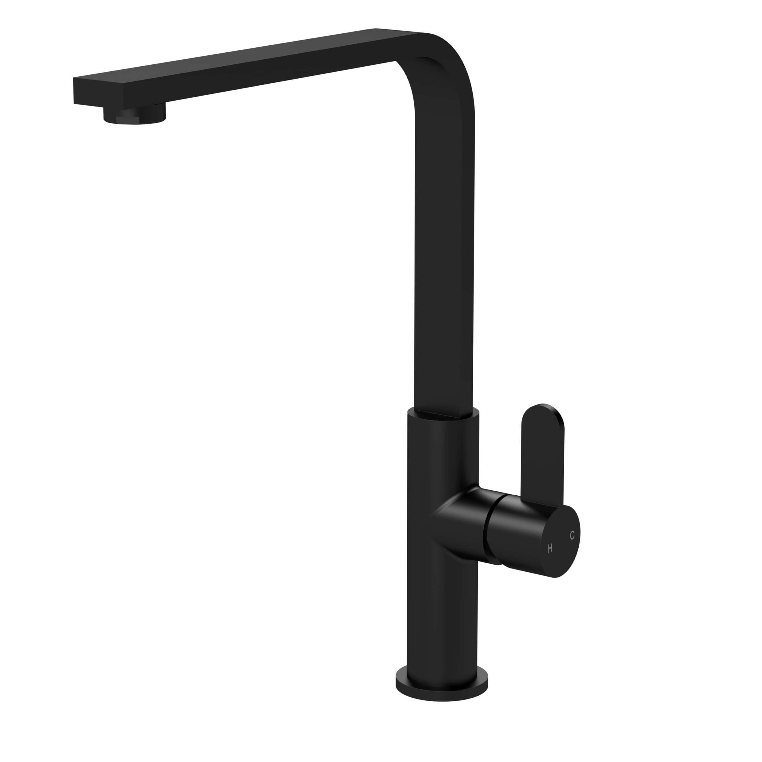 Black modern kitchen tap for stylish bathroom and kitchen sinks, featuring a sleek matte finish and a side lever for temperature control. Perfect for contemporary bathroom designs.