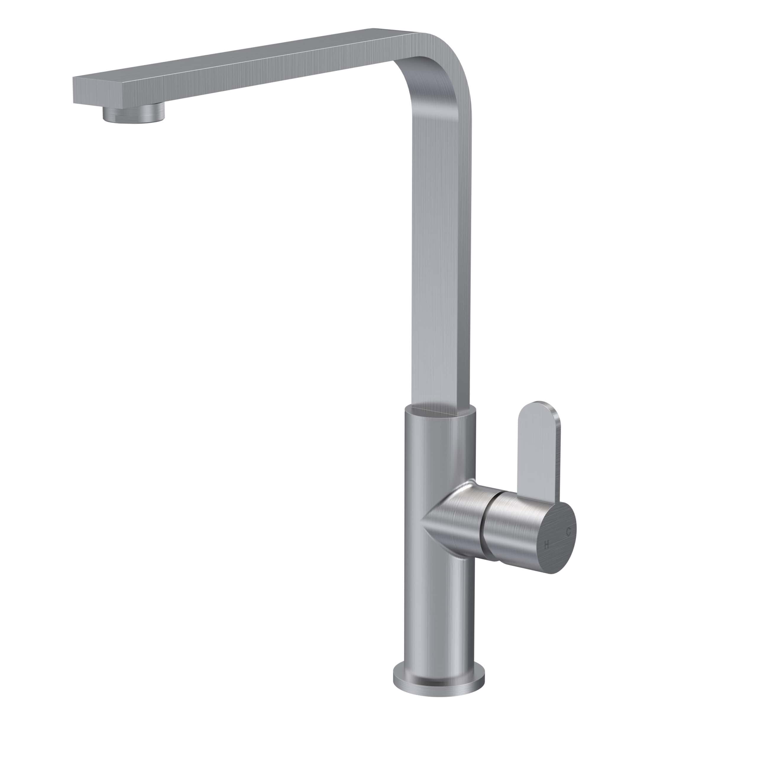 Sleek stainless steel kitchen sink tap with single lever and modern design, ideal for stylish bathrooms and kitchens. Perfect for contemporary bubly bathroom fixtures and accessories.