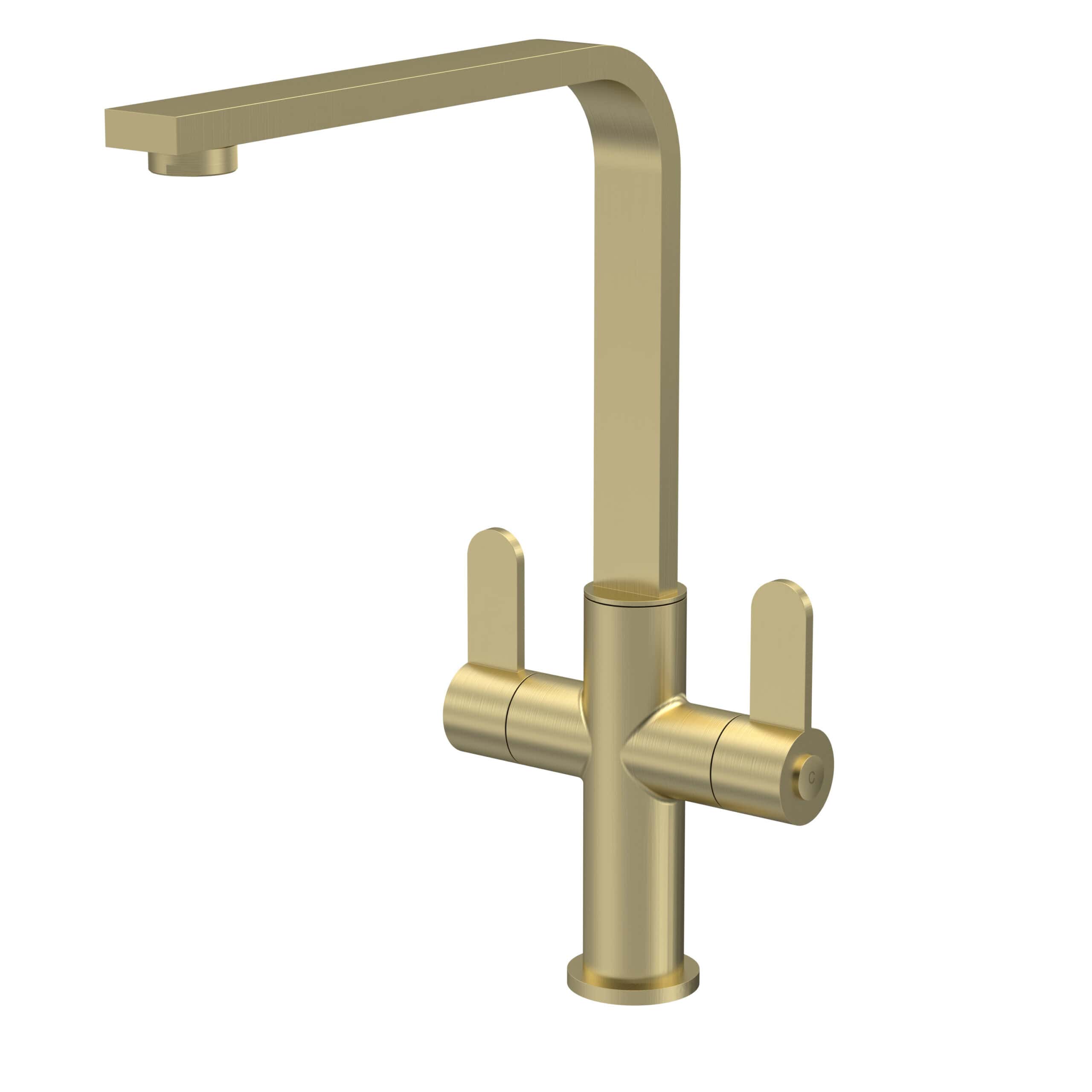 Polished gold kitchen tap with modern design, high-arc spout and dual handles, ideal for contemporary bathroom and kitchen renovations.