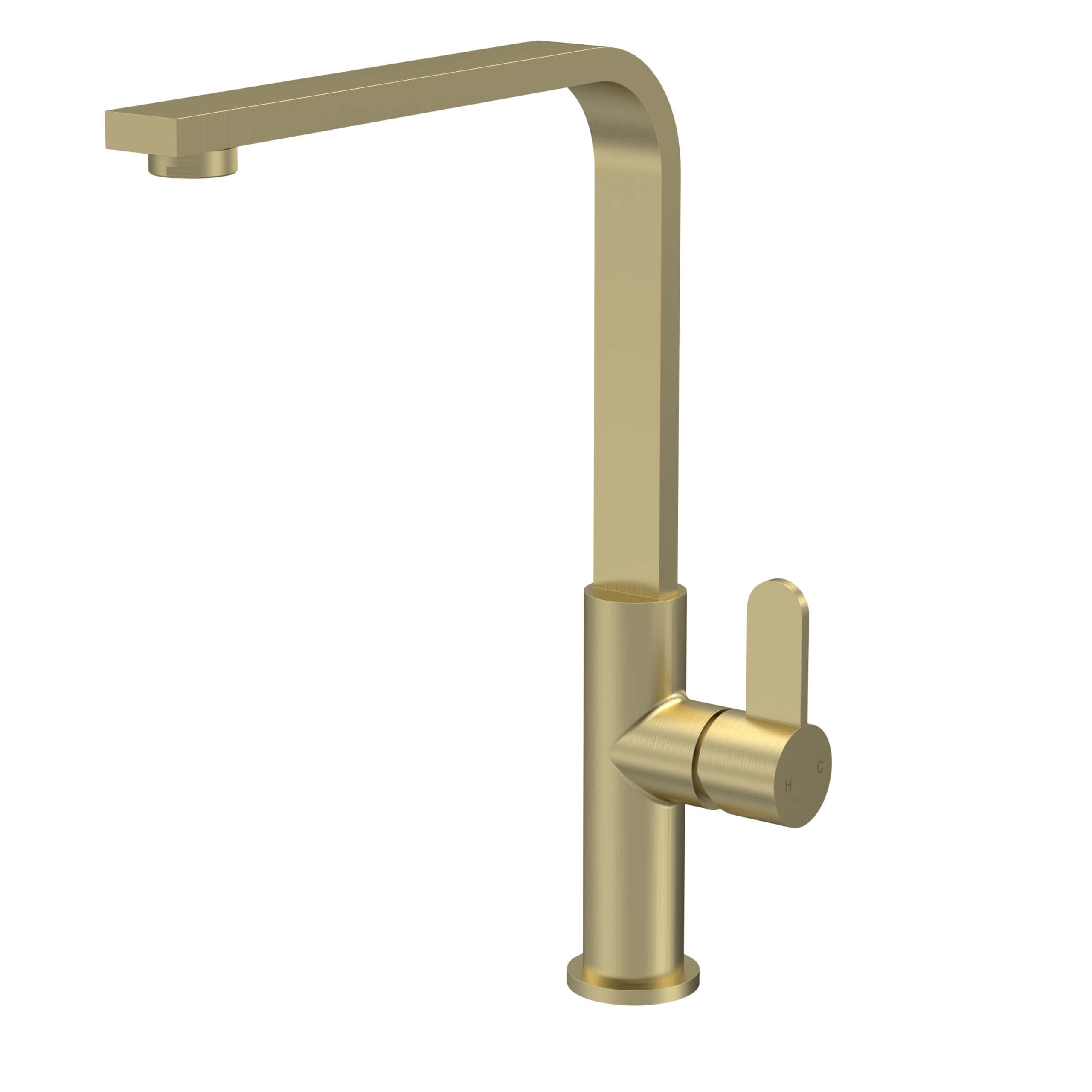 Brass kitchen faucet with modern design, single lever control, tall high-arc spout, suitable for contemporary bathrooms and kitchens, luxury bathroom fixtures, Bubly Bathrooms style.