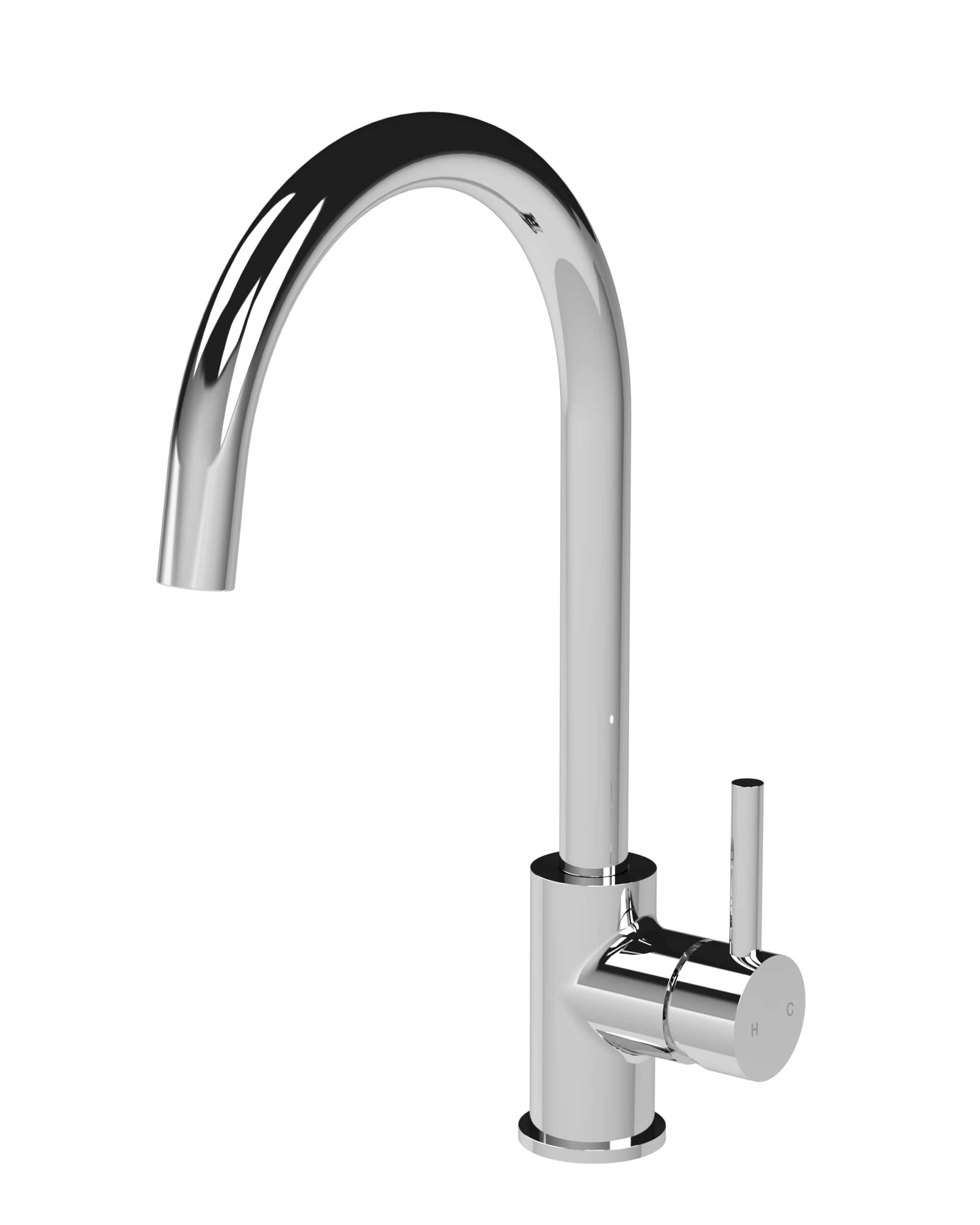 Chrome kitchen tap with high arc spout for modern bathroom and kitchen sink fixtures.