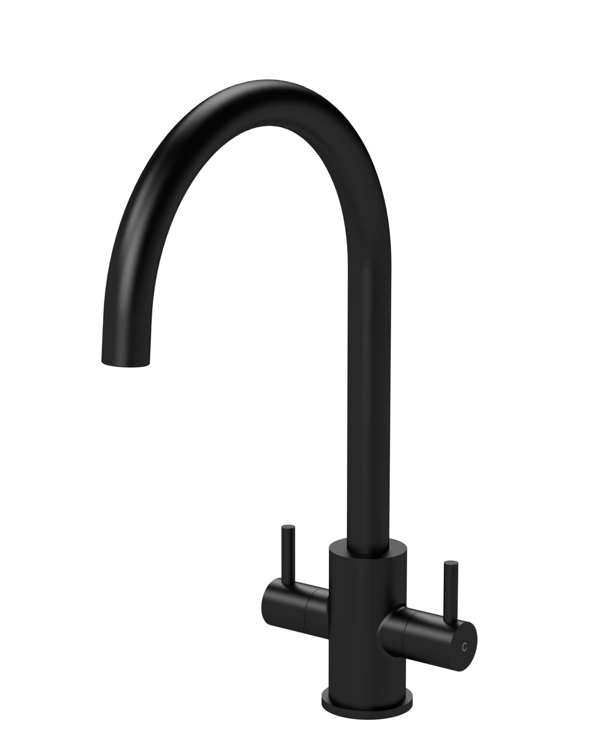 Sleek black kitchen tap with modern curved spout and dual lever handles, ideal for contemporary bathroom or kitchen renovation projects. Perfect for stylish and functional water fixtures.
