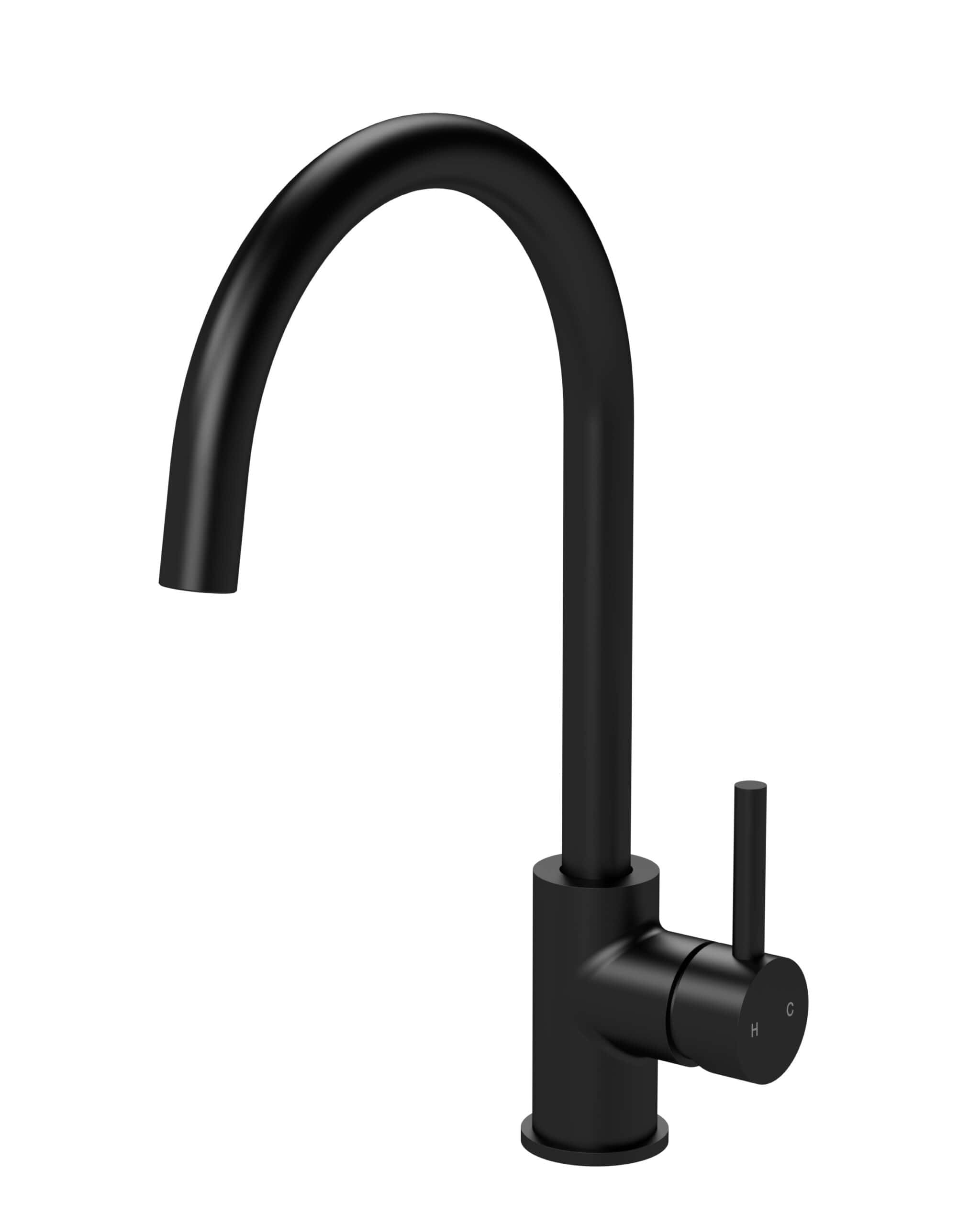 Sleek black kitchen tap with high arc spout and single lever handle, suitable for modern bathrooms or kitchens.