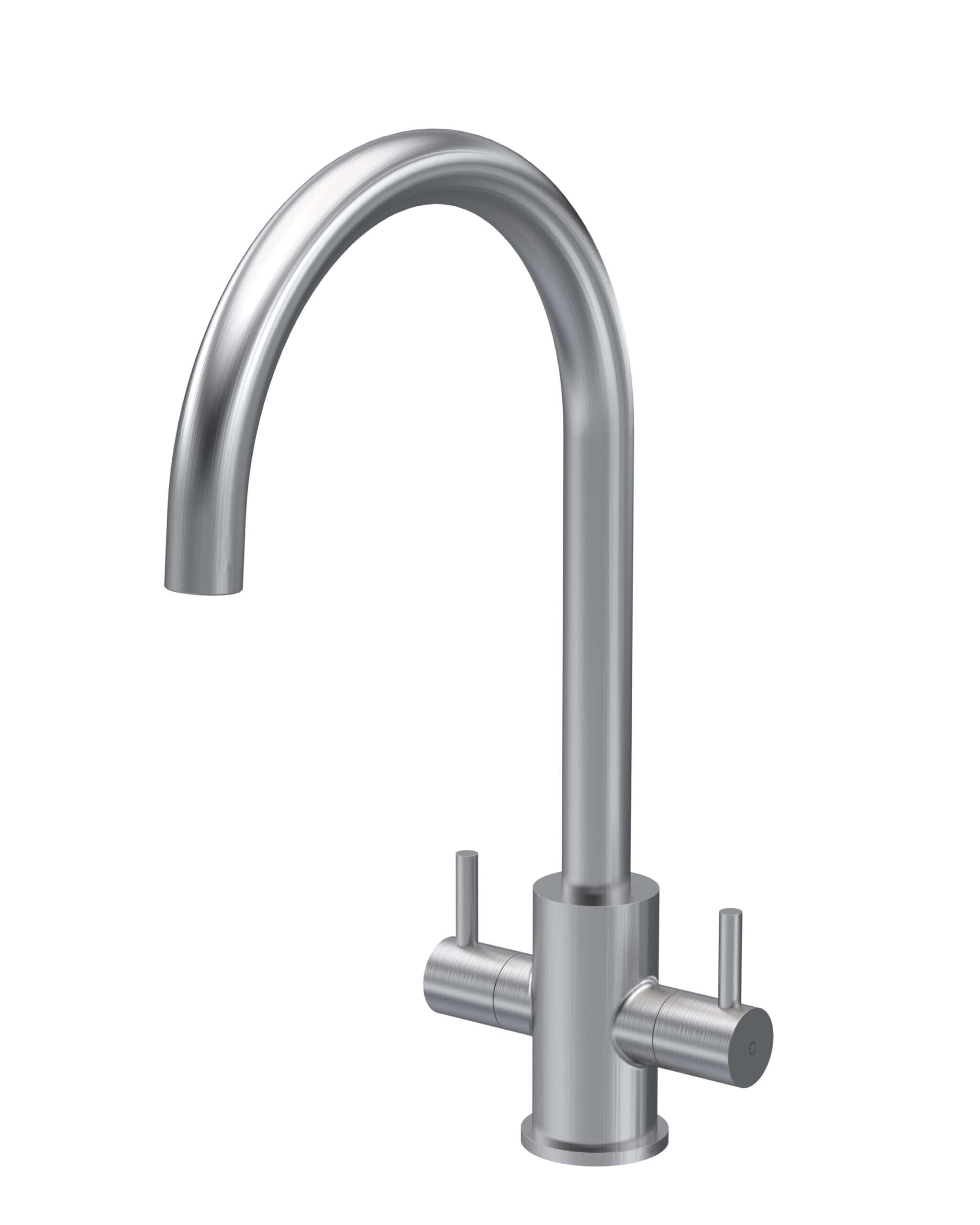 Sleek stainless steel kitchen tap with high-arc spout, modern design, and dual lever controls, ideal for contemporary bathrooms or kitchens.