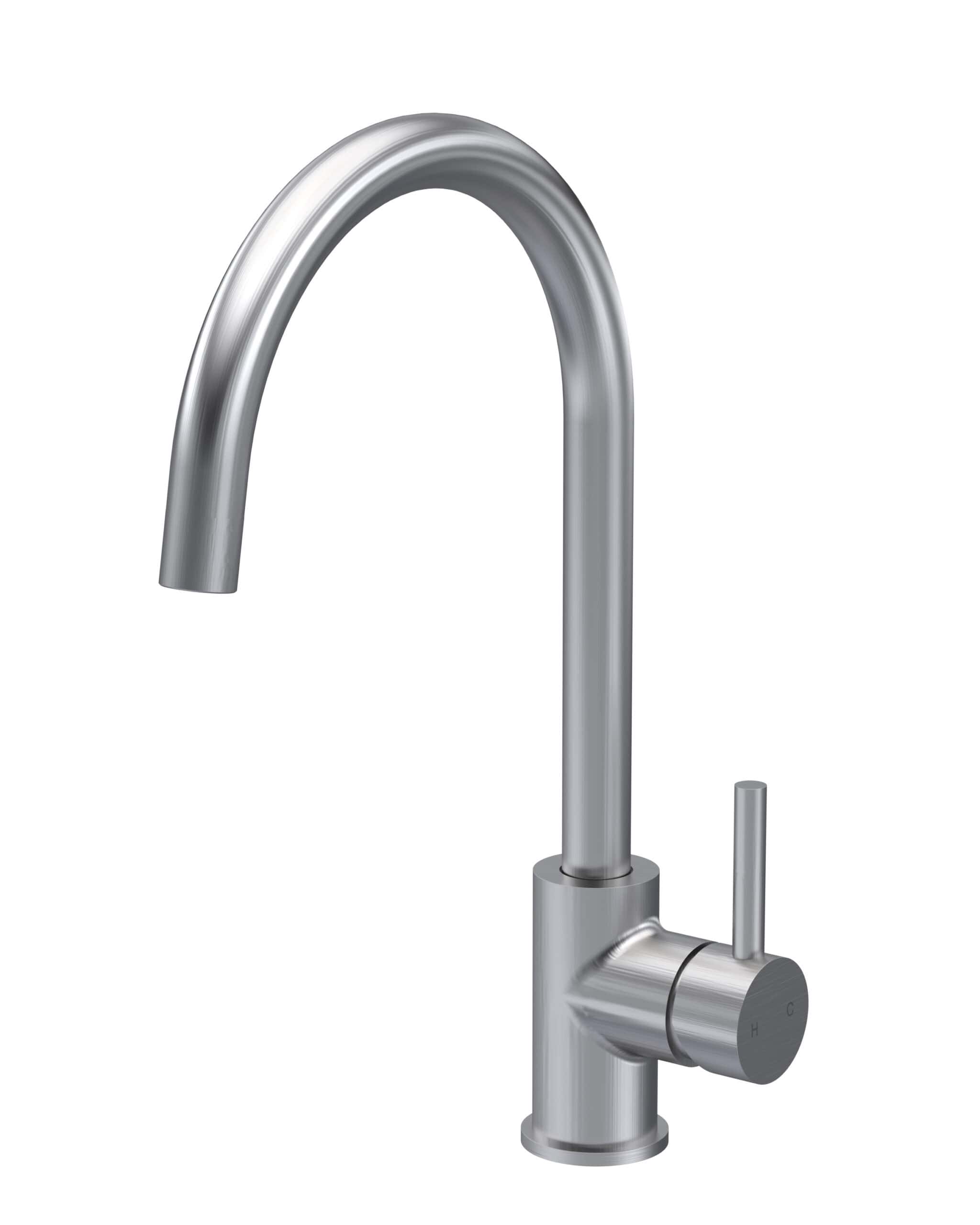 Sleek modern stainless steel kitchen or bathroom tap with high curved spout and single lever for temperature control. Ideal for contemporary Bubly bathrooms and kitchen designs.