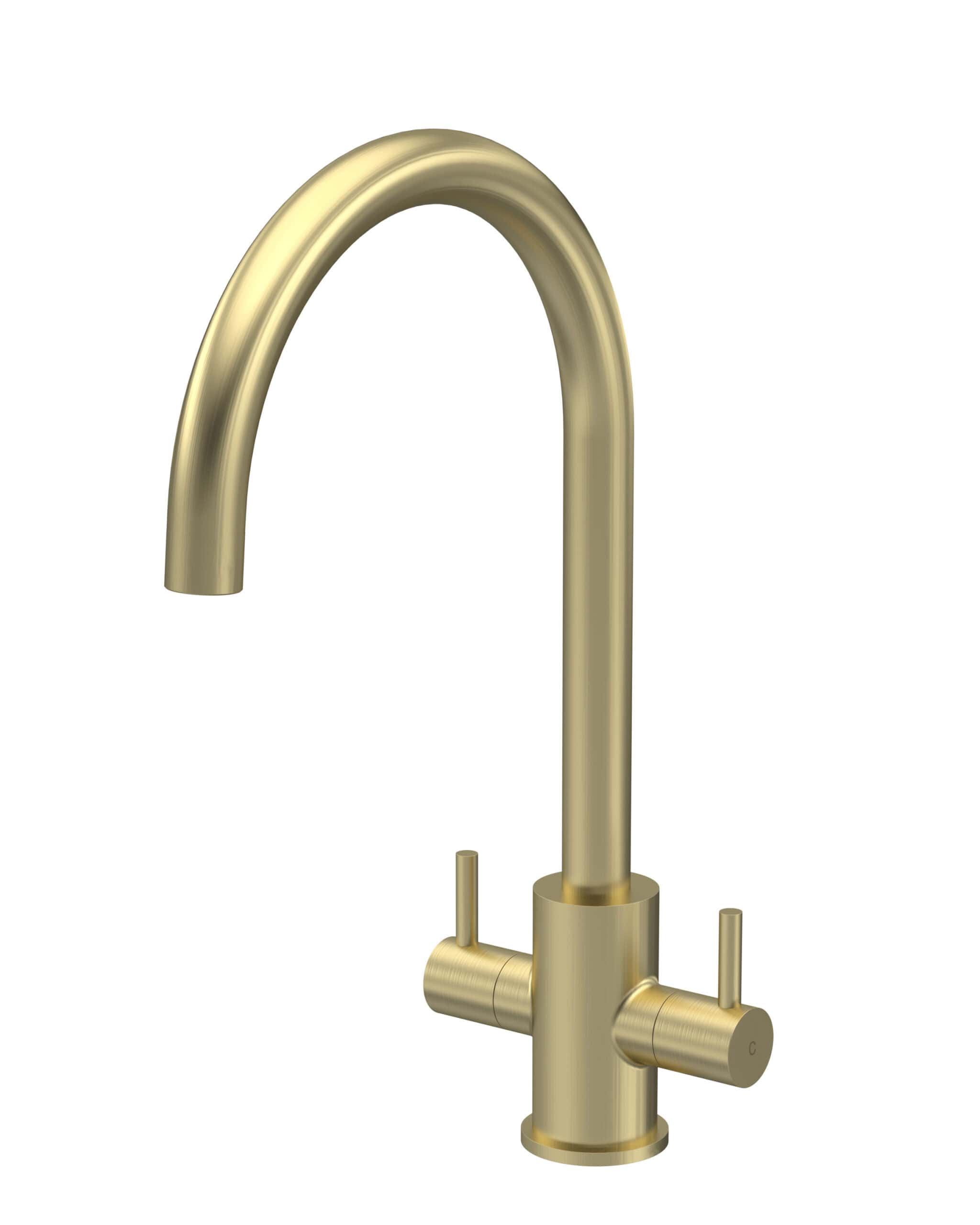 Sleek gold kitchen tap with high-arc spout for modern bathroom or kitchen finishes. Durable, stylish faucet designed for effortless use and elegant aesthetics.
