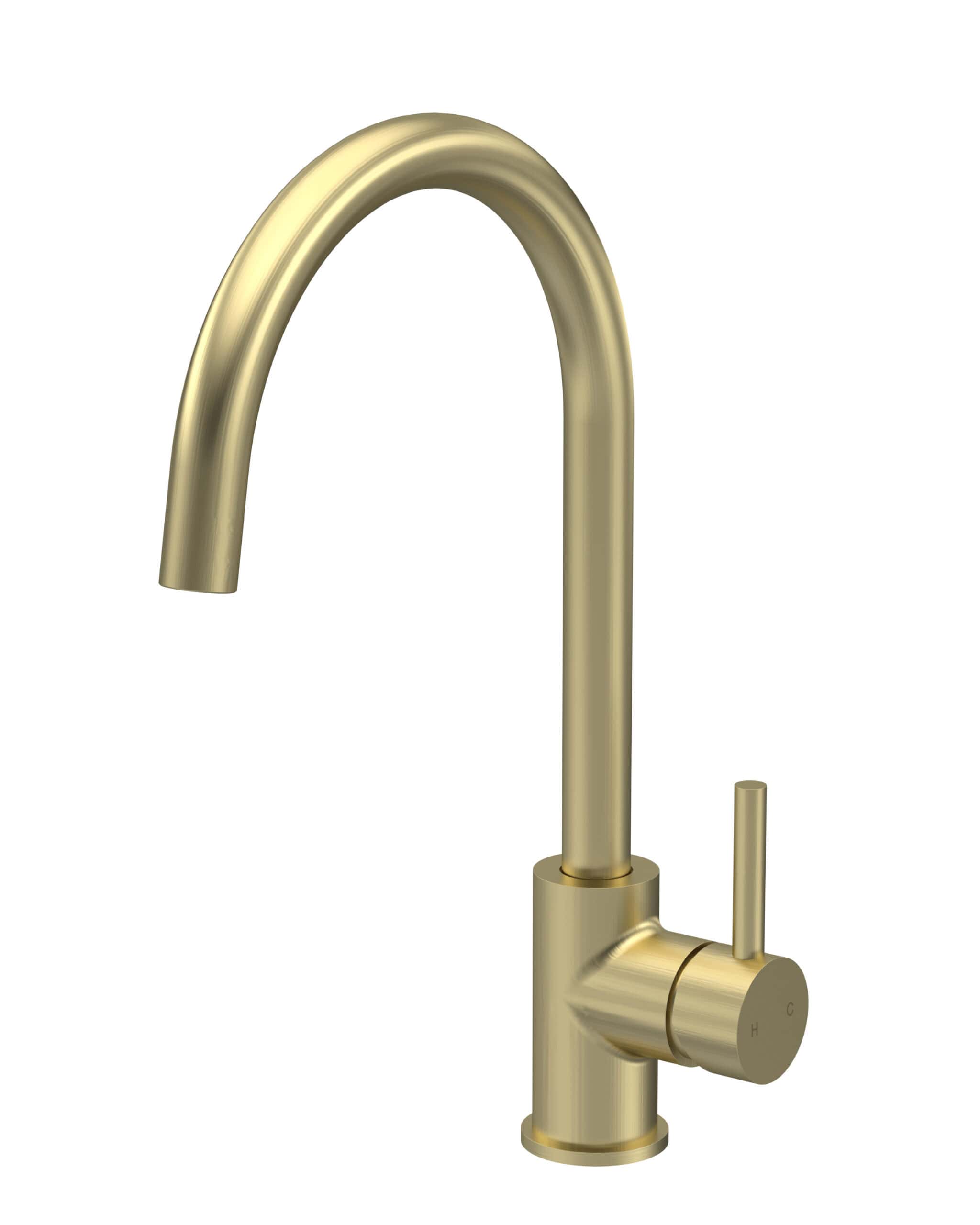 Brass kitchen tap with modern lever handle, high-quality plumbing fixture, ideal for contemporary bathrooms and kitchens. Sleek design enhances any space with durable, stylish metal finish.