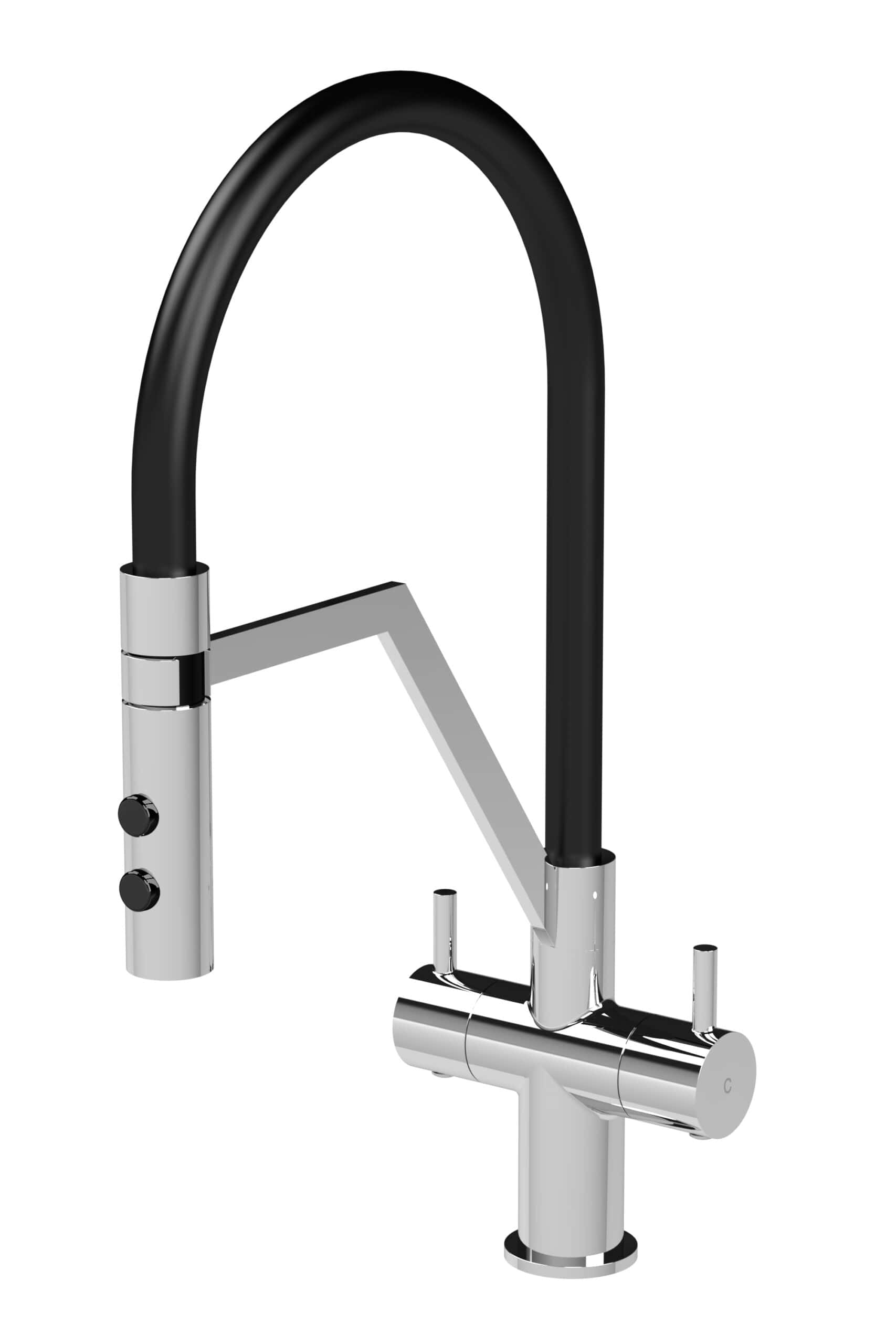 Slesaker kitchen tap with black and silver finish, modern-design mixer tap for kitchen sinks, high-arc spout, and easy control knobs. Perfect for contemporary kitchens and efficient water flow.