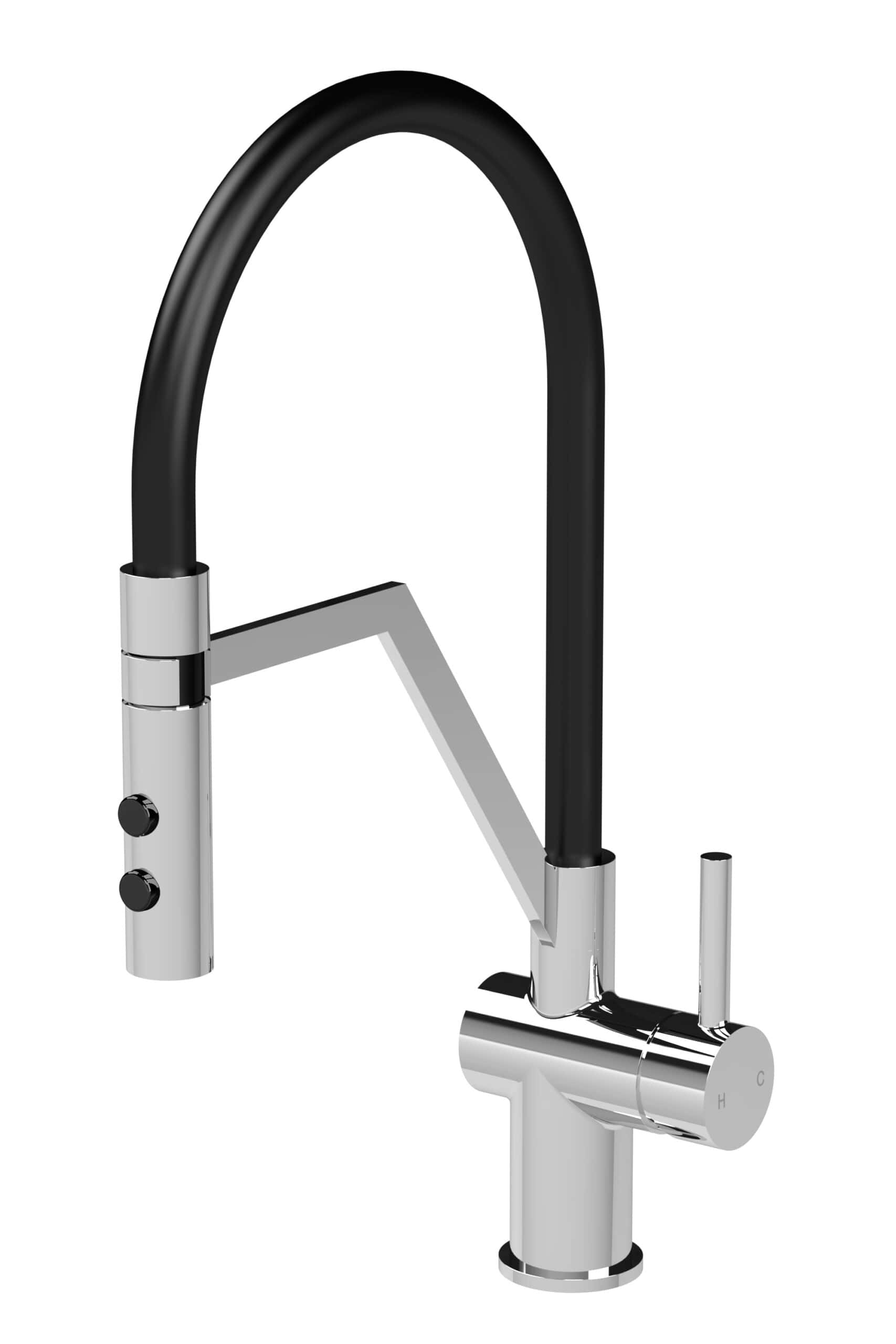 Sleek modern black and chrome kitchen or bathroom tap with pull-out spray head and single lever control, ideal for stylish Bubly bathrooms and kitchens in British homes.