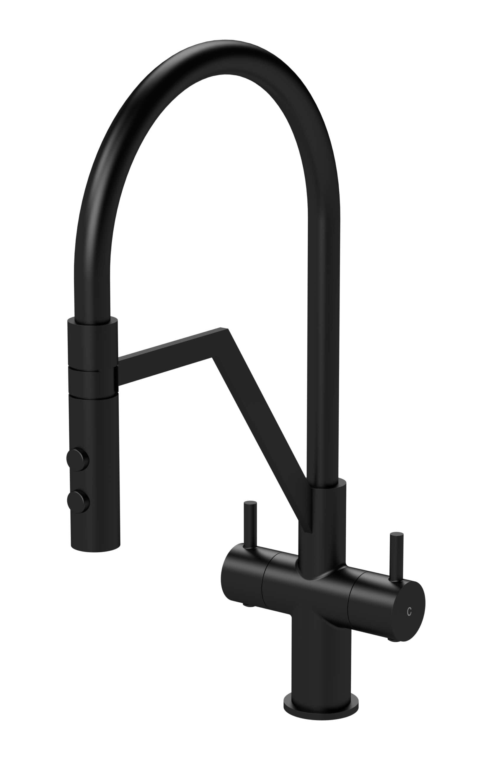 Sleek black kitchen mixer tap with modern design, high arch spout, and easy-to-use controls, ideal for contemporary bathrooms or kitchens.