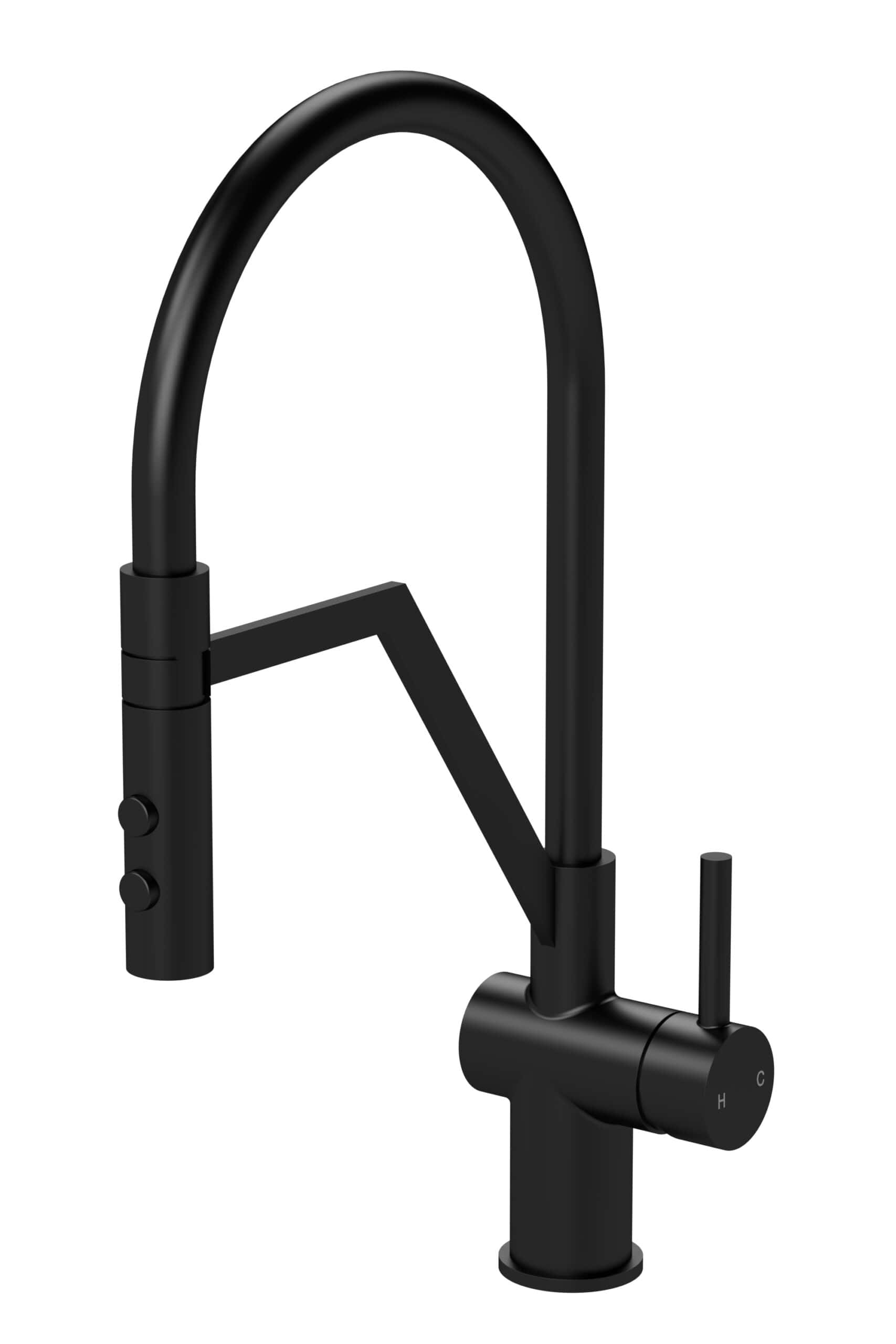 Sleek black kitchen mixer tap with pull-out spray and dual control levers, ideal for contemporary bathroom or kitchen renovation. Durable, modern design with easy-to-use features.