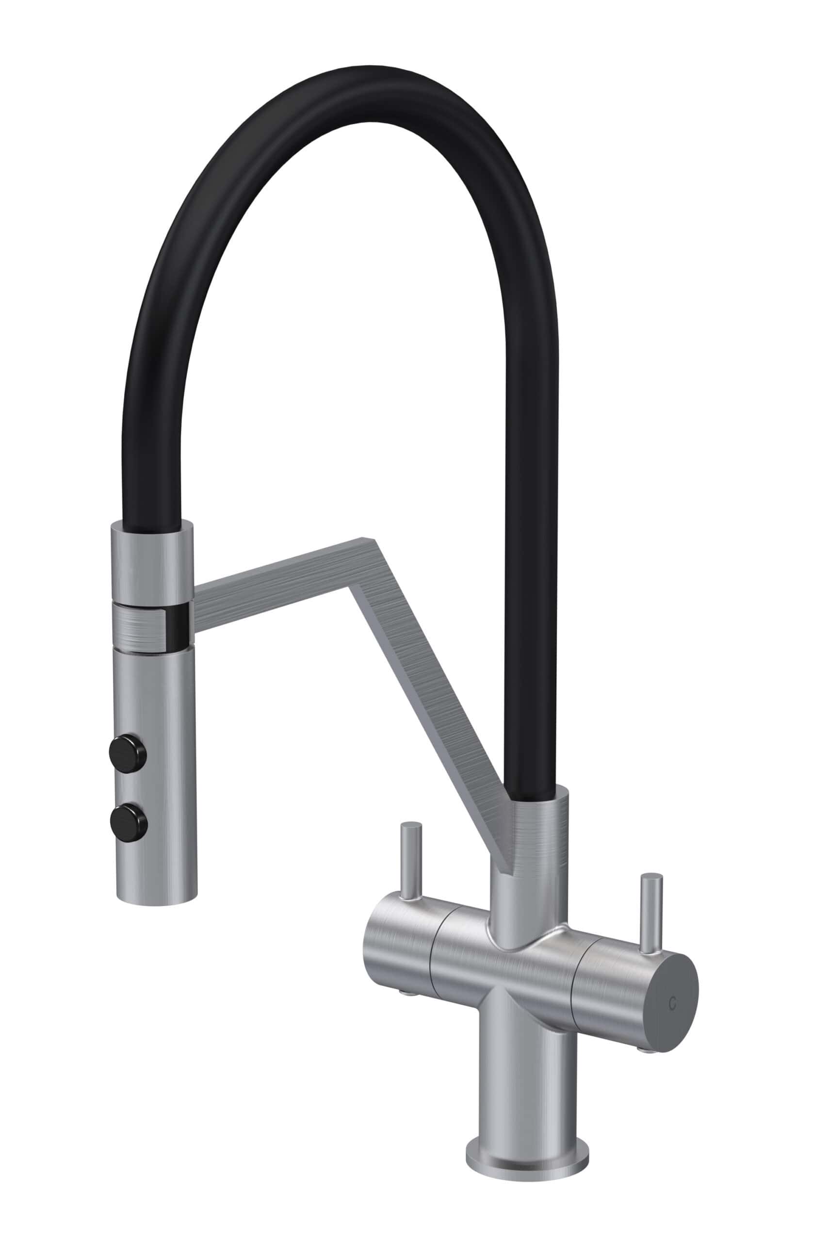 Sleek modern kitchen tap with black and stainless steel finish, featuring pull-out spray head and ergonomic controls for stylish and functional bathroom or kitchen upgrades.