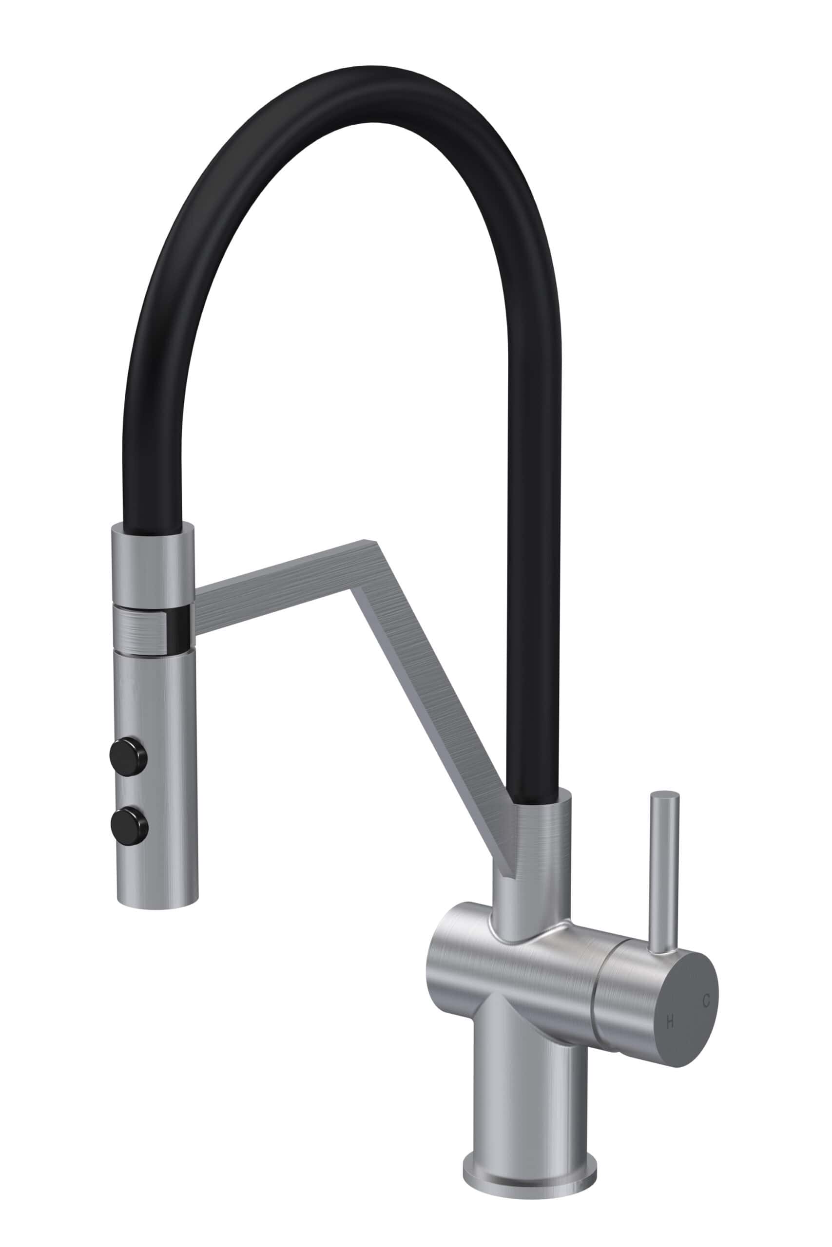 Sleek modern kitchen mixer tap with black and stainless steel finish, single lever control, ideal for contemporary bathrooms and kitchens, perfect for Bubly Bathrooms.