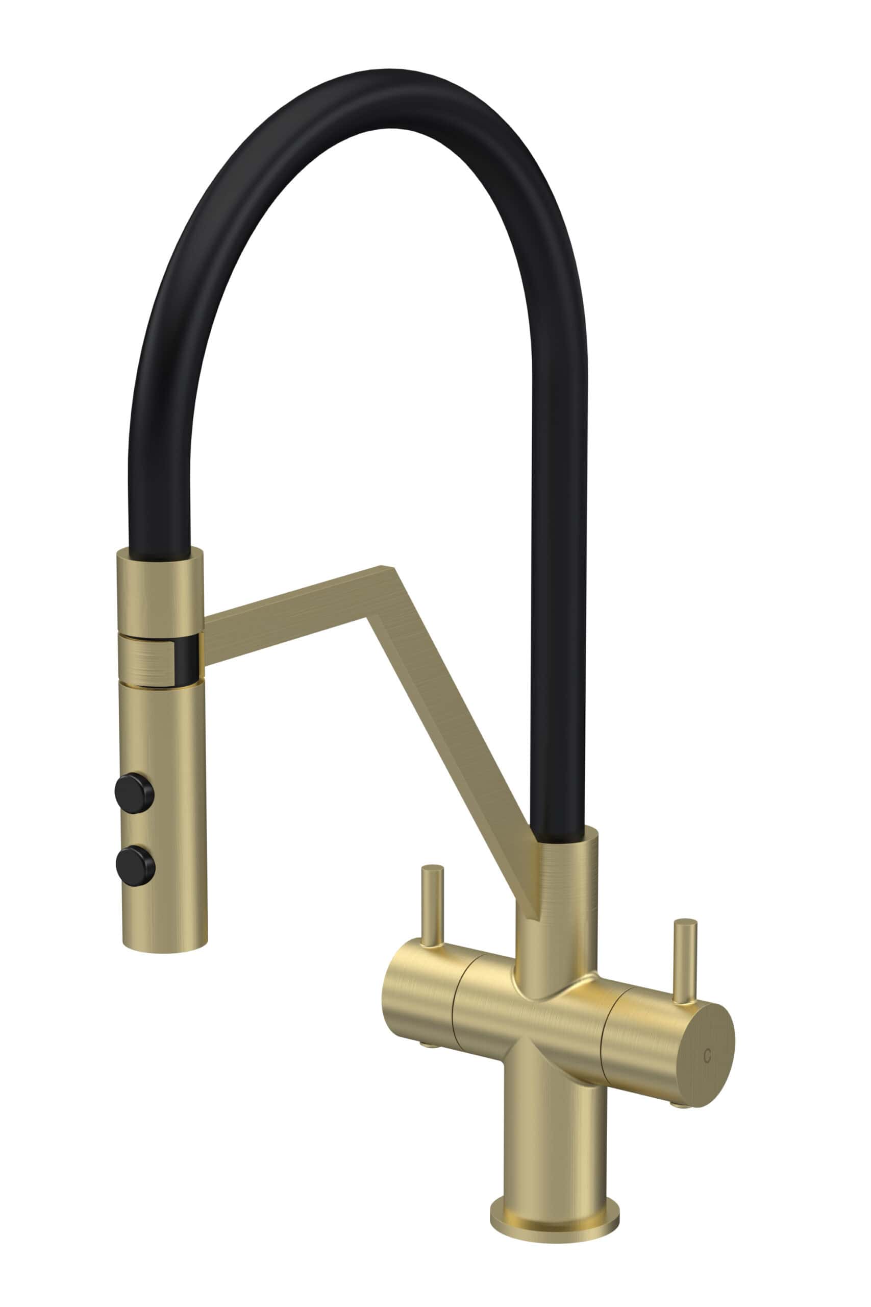 Sleek modern matte black and gold kitchen tap with pull-down spout, ideal for contemporary bathroom or kitchen sinks, combining stylish design with functional water flow control.