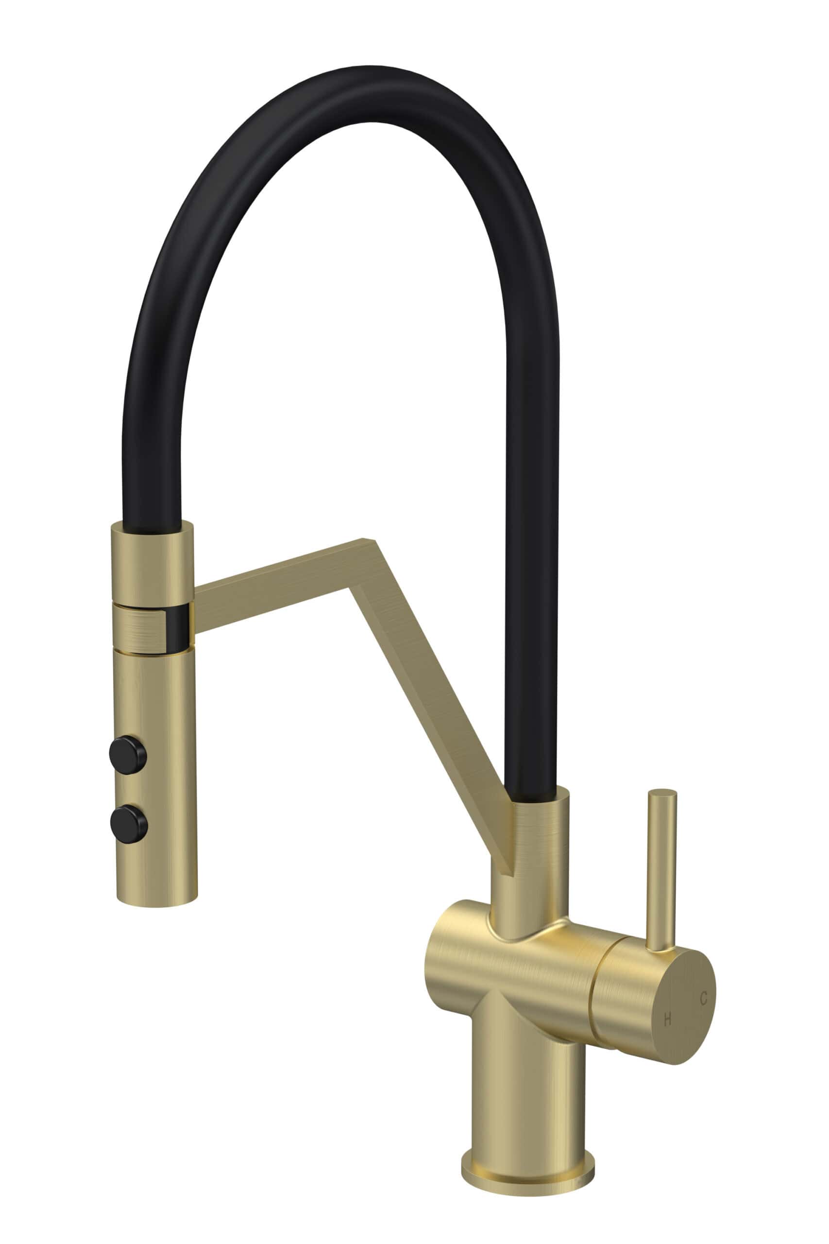 Sleek modern kitchen tap with black and gold finish, featuring a pull-out spray and dual control buttons for precise water flow. Perfect for stylish, functional kitchen renovation.