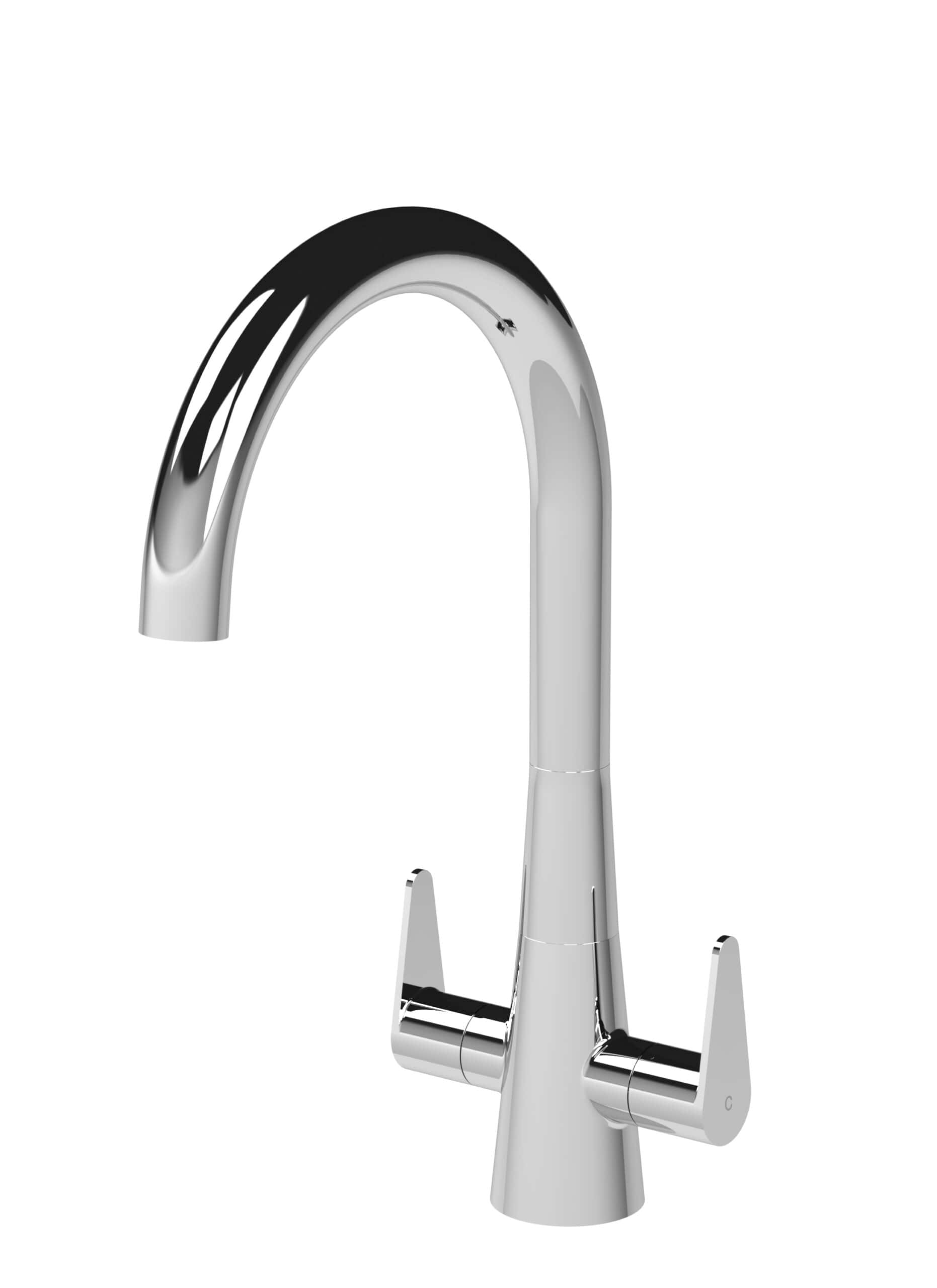 Sleek chrome kitchen tap with high-arc spout, modern design, and dual lever handles for easy temperature control. Perfect for enhancing contemporary bathroom or kitchen décor.