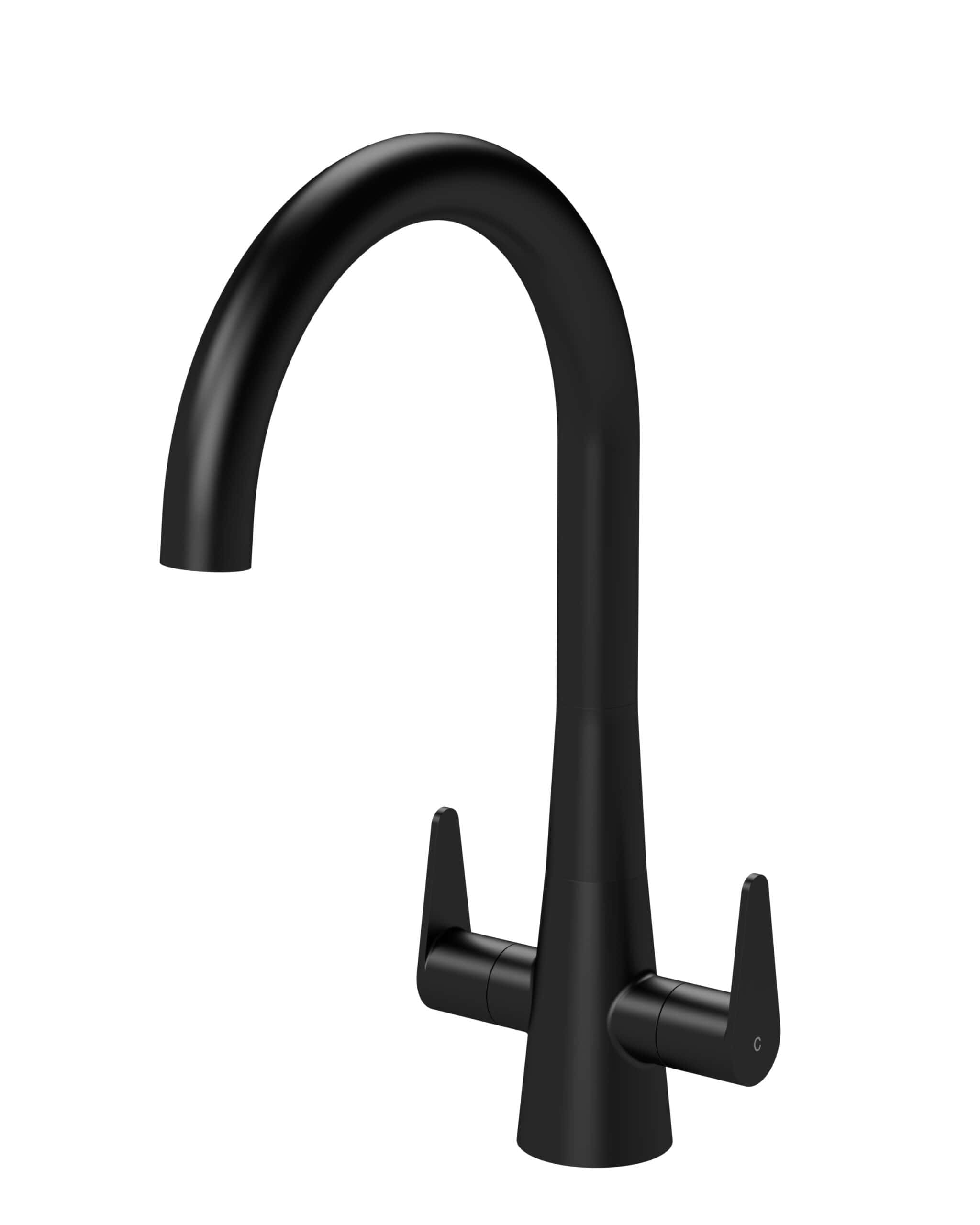 Sleek black kitchen tap with modern design, high arc spout and dual handle controls, perfect for contemporary bathrooms and kitchens. Durable and stylish for contemporary bathroom designs.