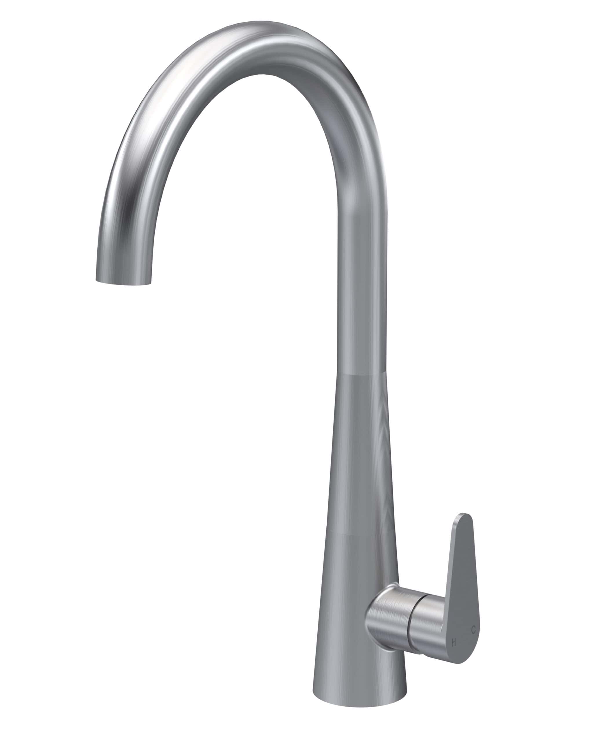Sleek stainless steel kitchen tap with modern curved design, ideal for enhancing contemporary bathrooms and kitchens, featuring easy-to-use lever handle for precise water control.