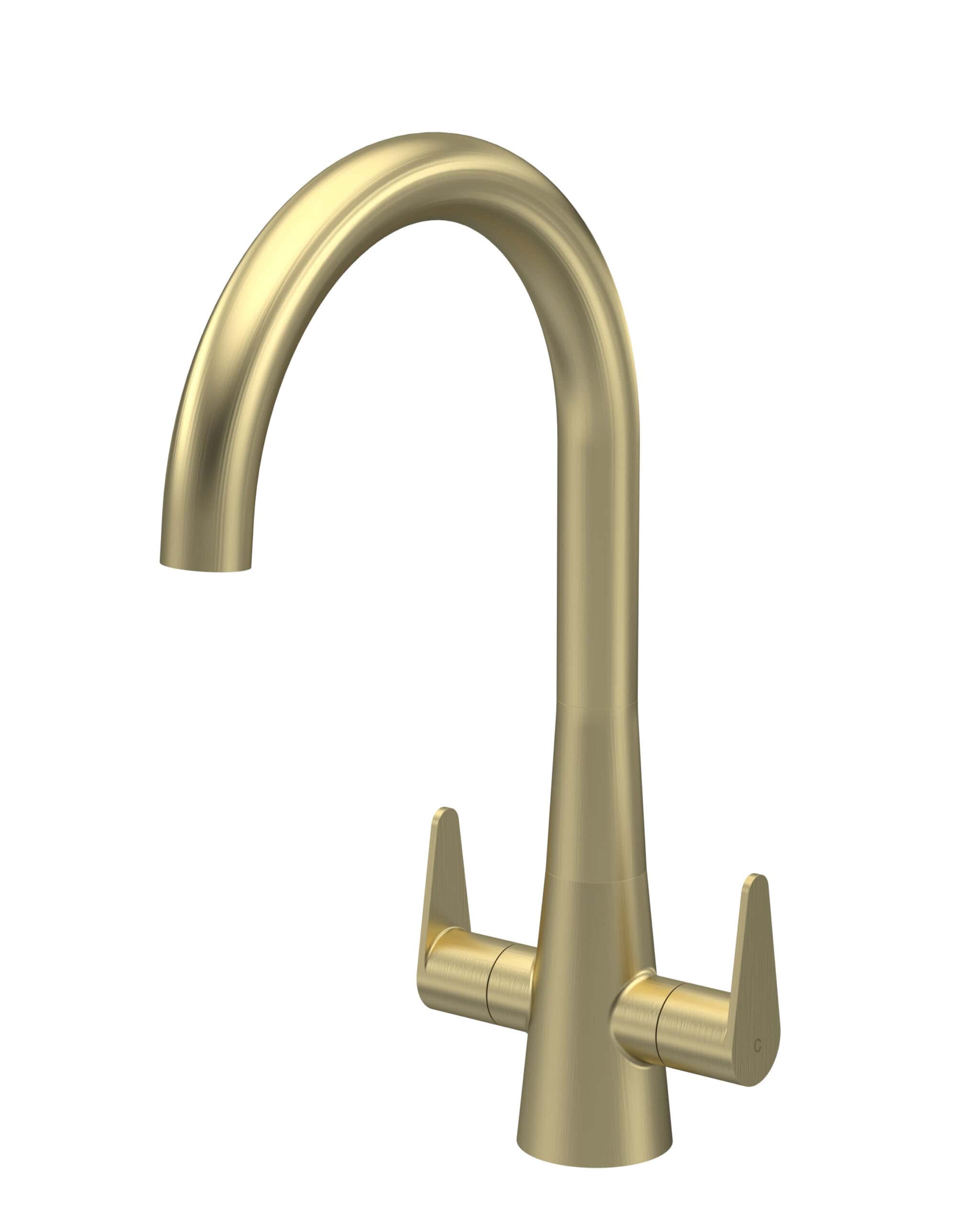 Polished gold kitchen tap with modern curved design and dual handles, ideal for luxury bathroom and kitchen renovation projects. Durable and stylish for contemporary spaces.