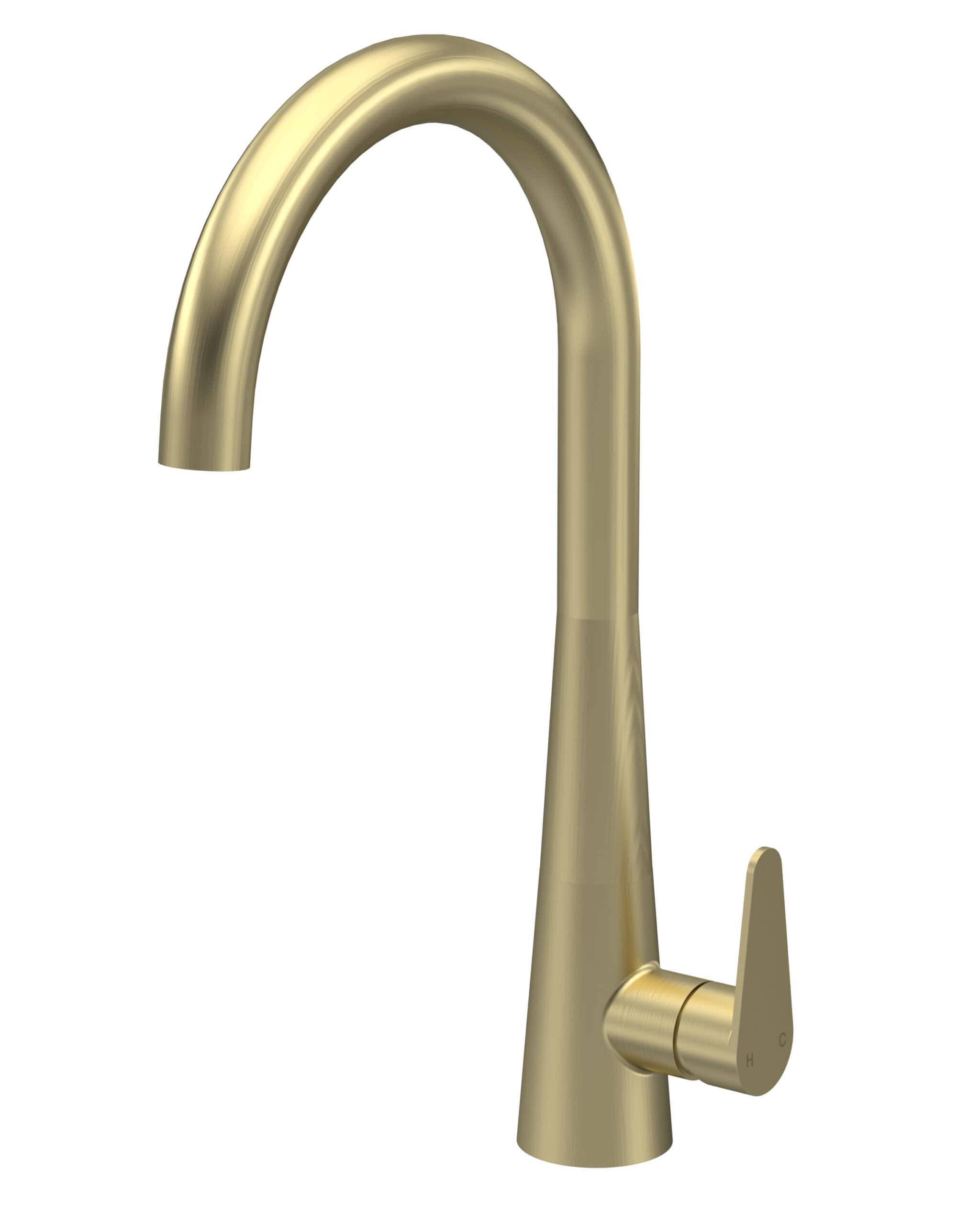 Polished gold bathroom tap with modern curved design, ideal for luxury bathroom sinks and fixtures.