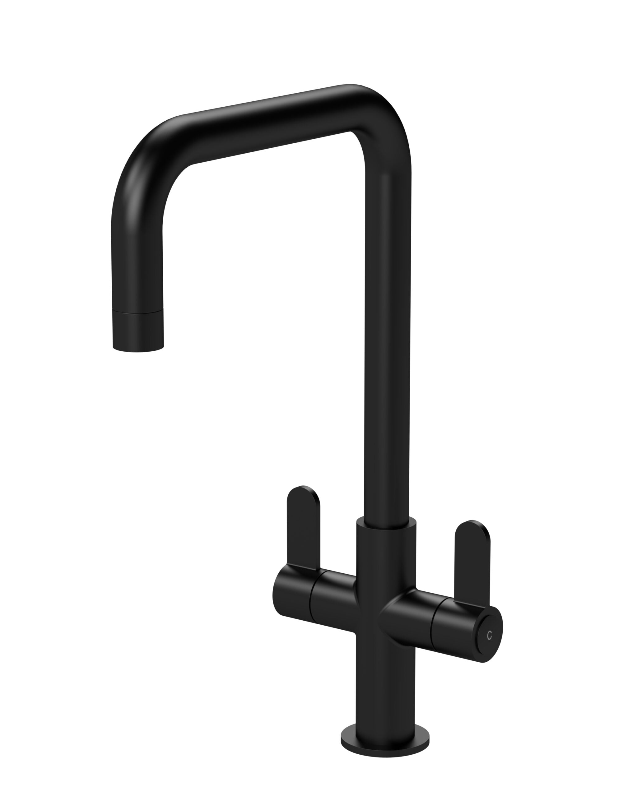 Sleek black modern kitchen or bathroom faucet with dual lever handle, perfect for contemporary home décor and easy water temperature control.